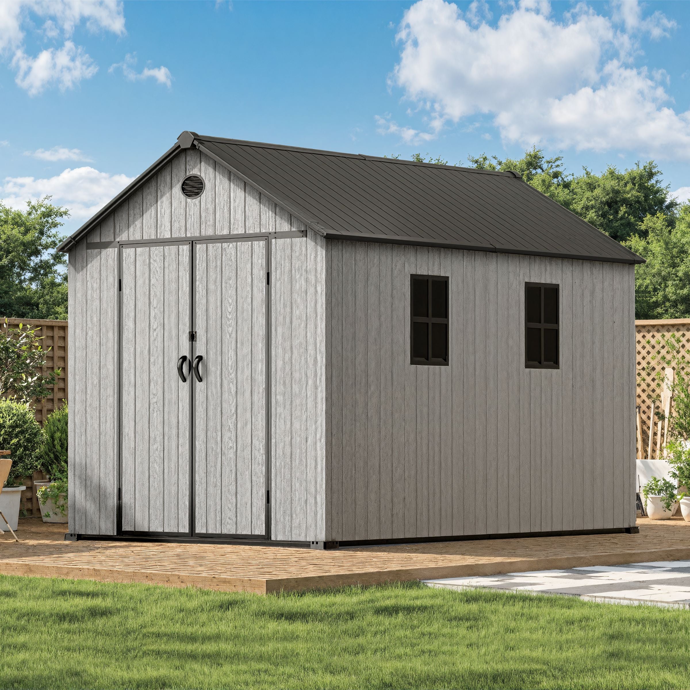 6'x8'ft/8'x8'ft/8'x12'ft/8'x16'ft Gray Wood Grain Plastic Tool Shed Living and Home 
