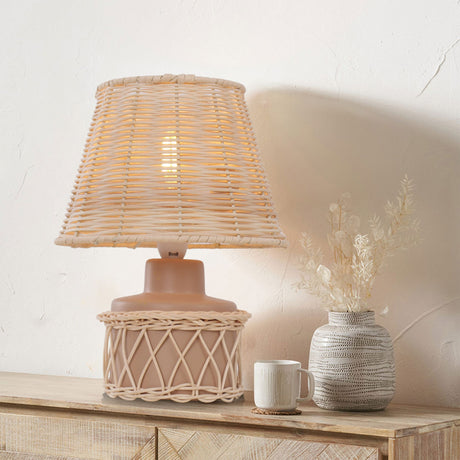 Lightsin Natural Rattan Table Lamp with Pink Wood Base for Bedroom and Living Room Lightsin UK 
