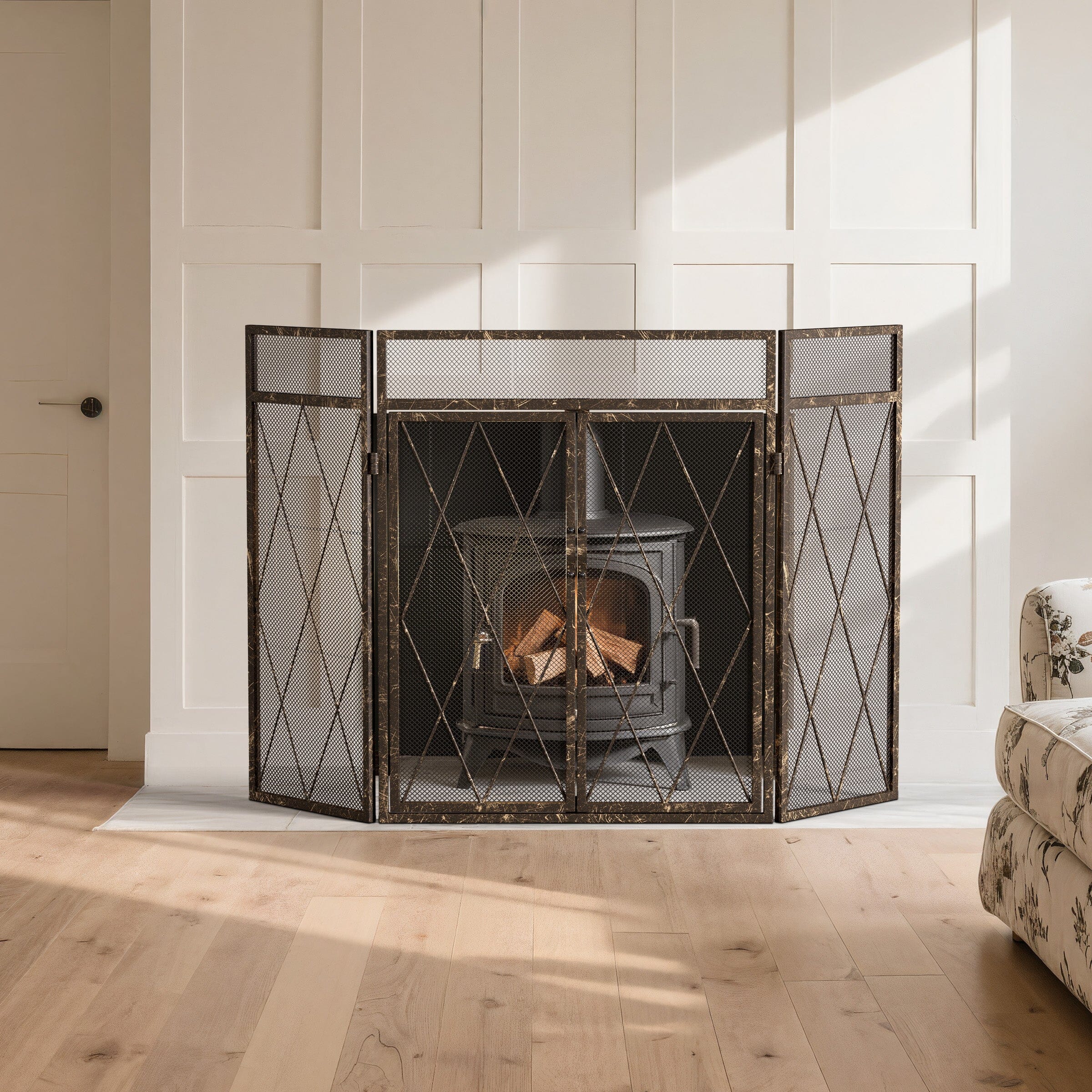 Smallbee Triple-Fold Fireplace Screen – Antique Copper Powder-Coated Iron, 127x13x81cm Smallbee UK 