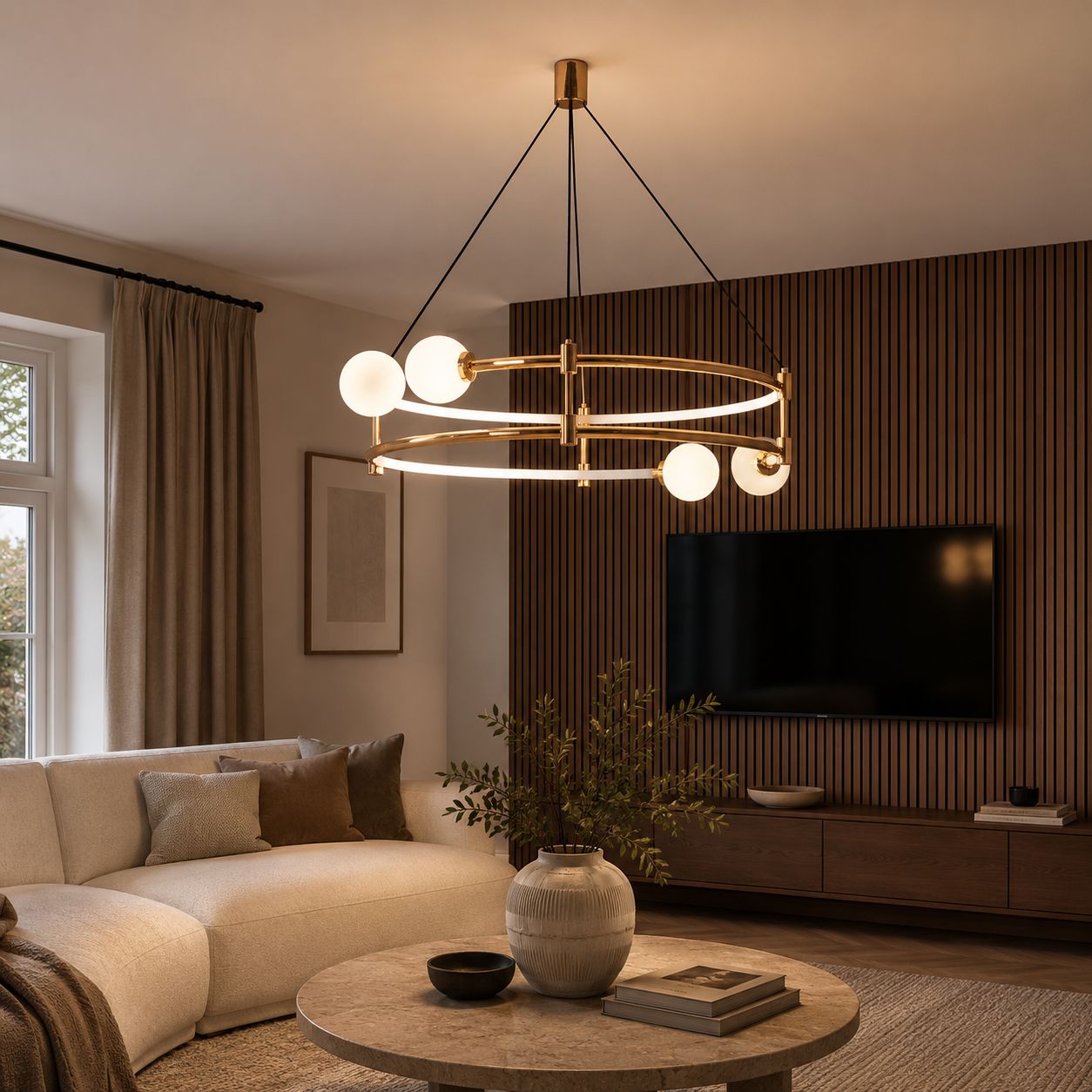 gold halo chandelier above a sofa and media wall
