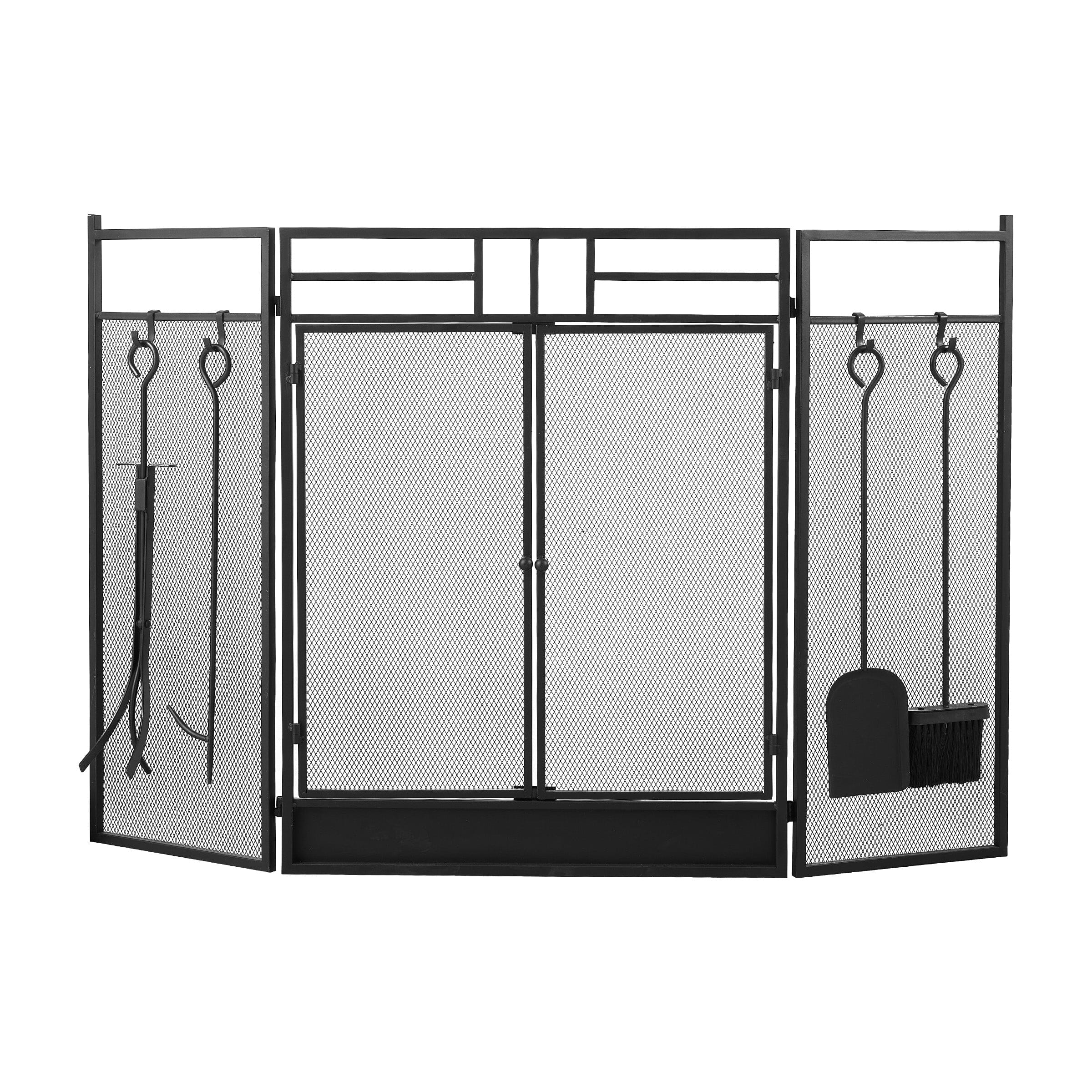 Smallbee Black Powder-Coated Iron Fireplace Screen with 4-Piece Tool Set – 122x1.3x80cm Smallbee UK 