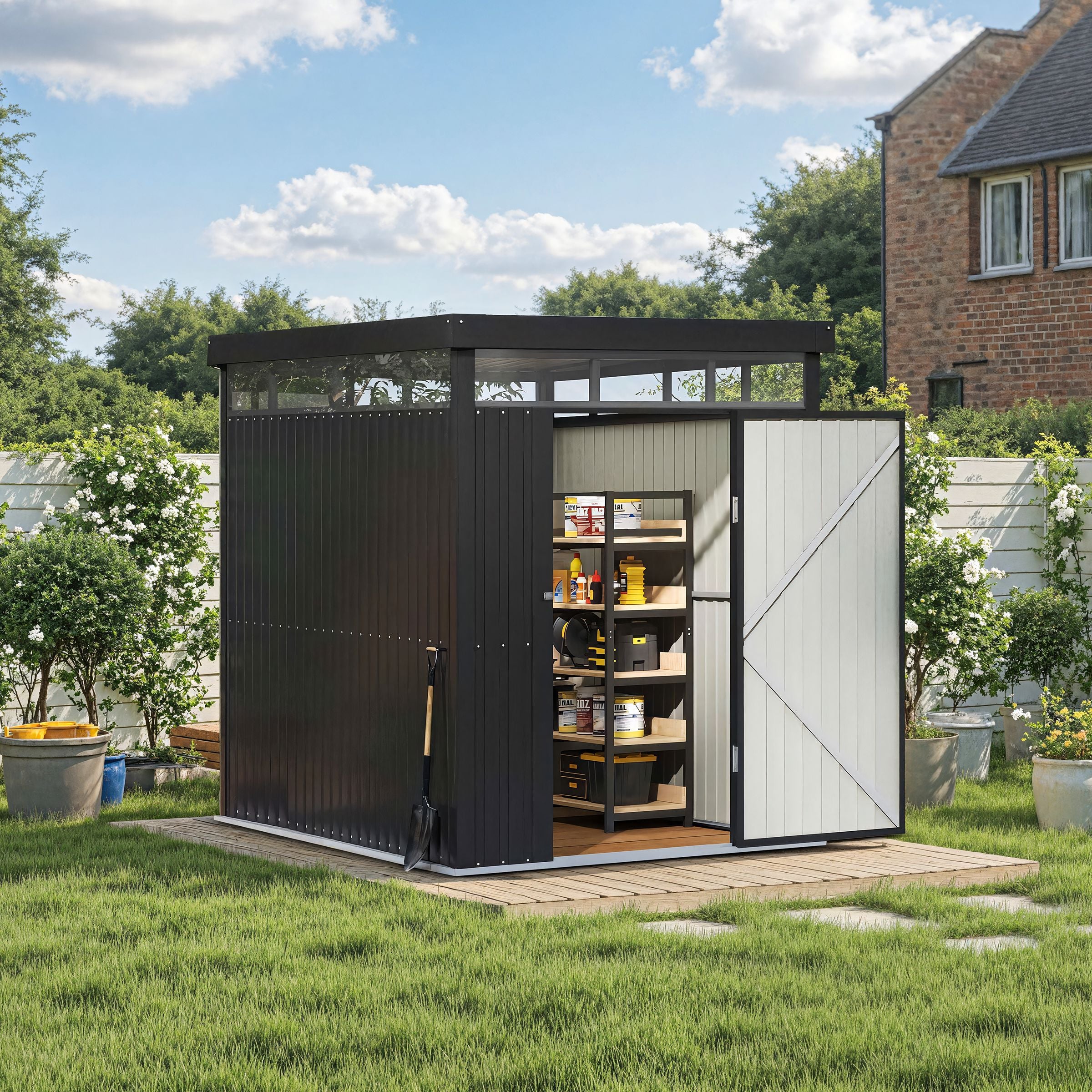 2x2.6x2m/1.6x2.6x2m/2.6x3x2m/4x3x2m Charcoal Black Galvanized Steel Storage Shed with Double/Single Lockable Doors Living and Home 