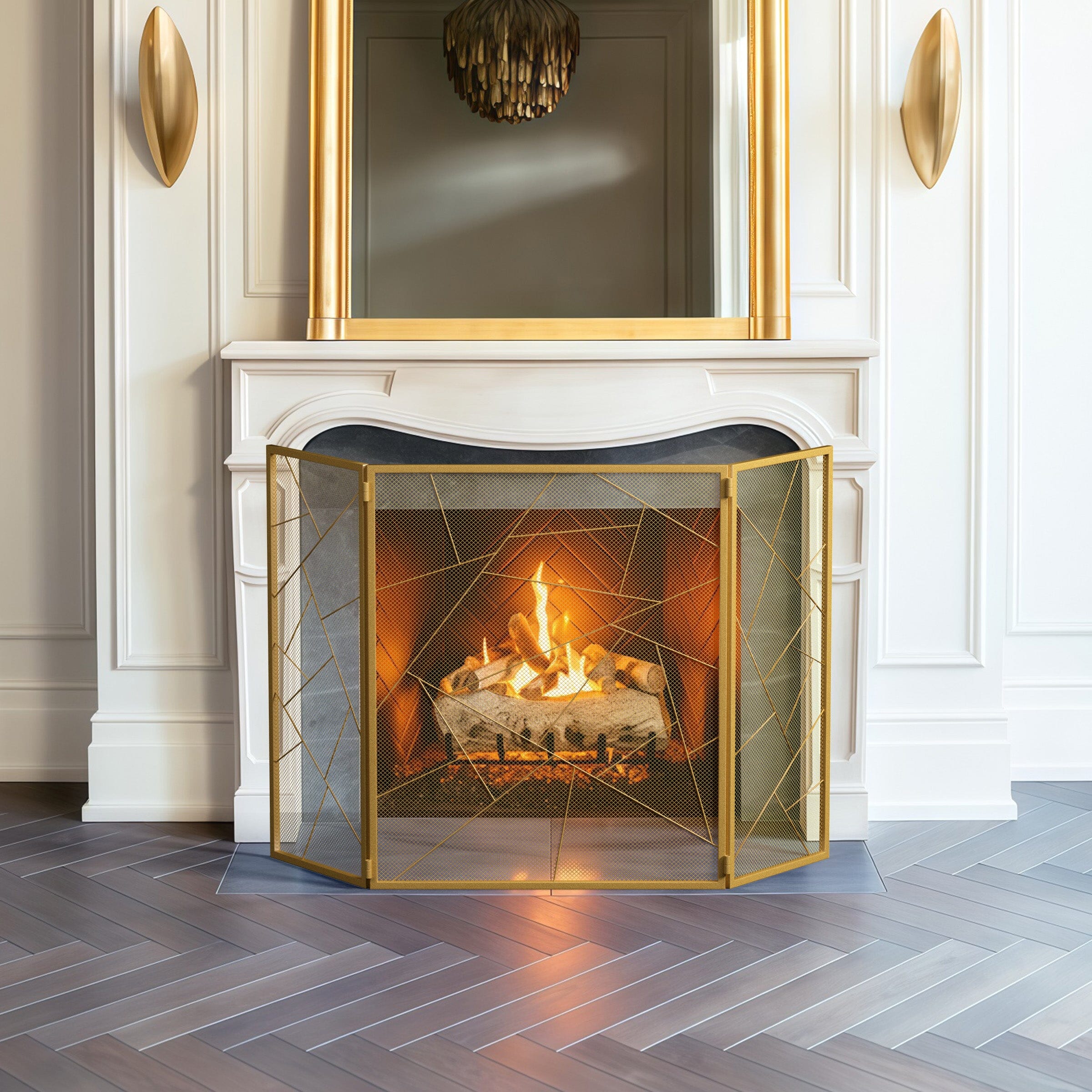 Smallbee Triple-Fold Iron Fireplace Screen Gold Frame – 132x1x80cm Smallbee UK 