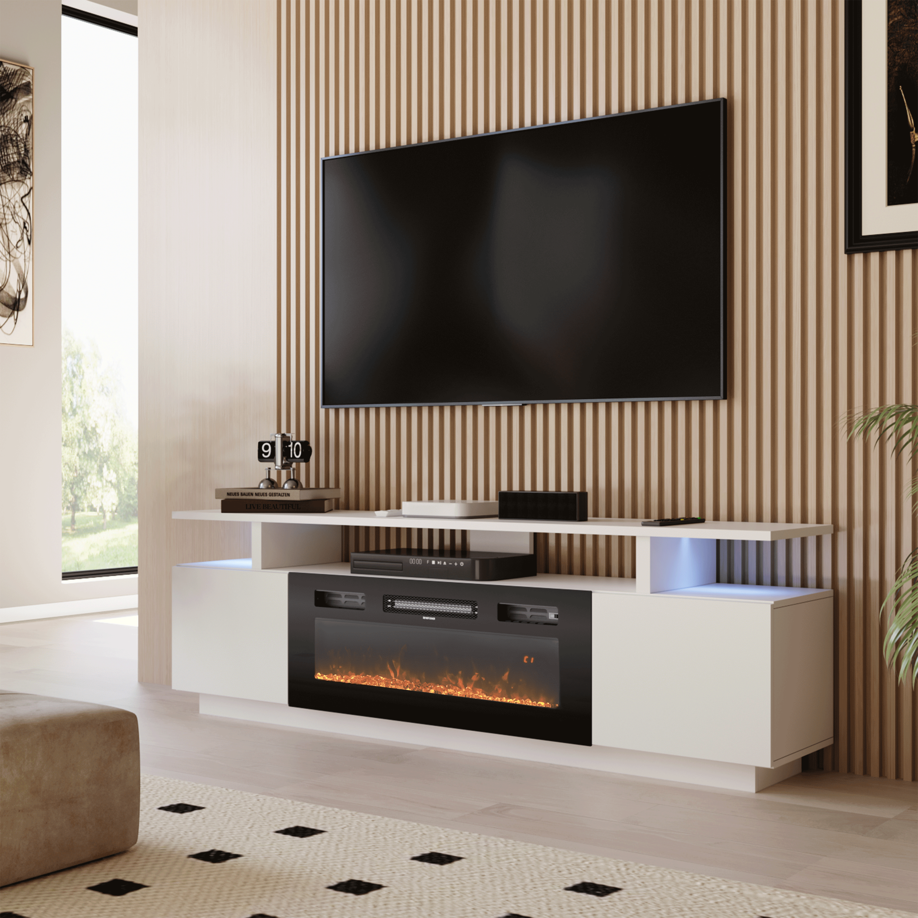 70 inch Elegant and Functional Electric Fireplace TV Stand with Modern Features Living and Home Fireplace + TV Stand White (Pre-Order) 
