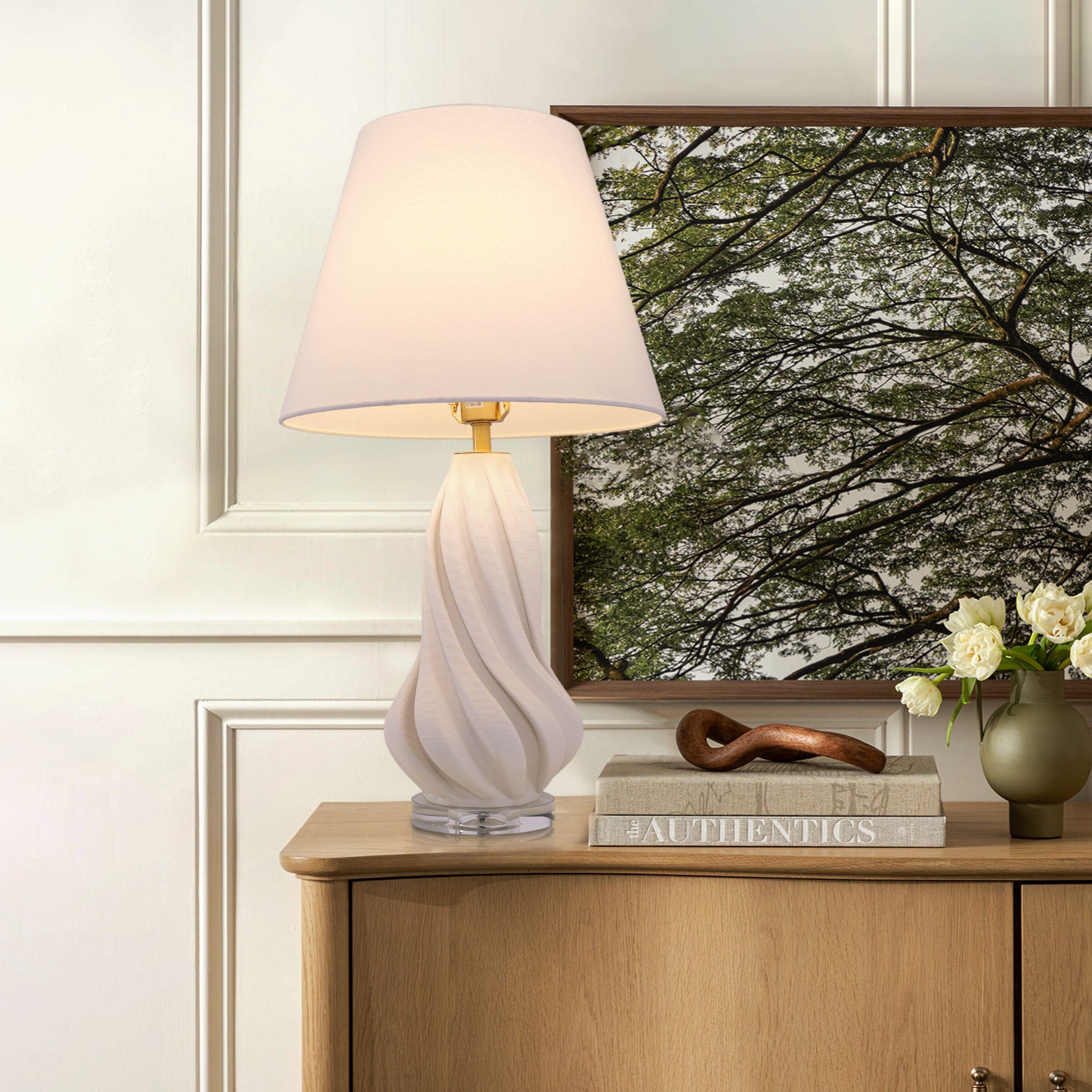 Lightsin 3D Pure White Ceramic Spiral Vase Table Lamp with Fabric Shade Lightsin UK L 