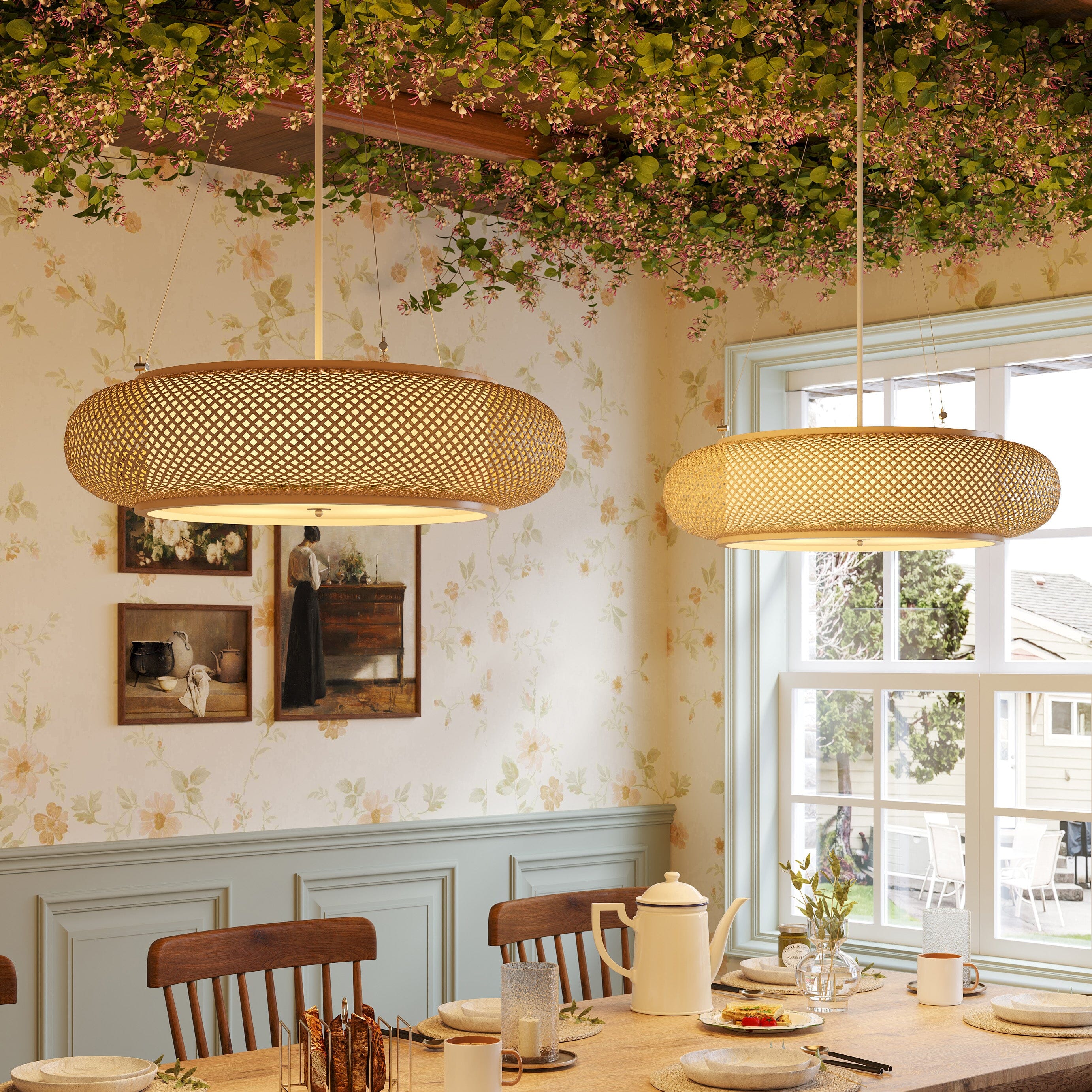 Lightsin Lutta-Handwoven Bamboo Pendant Light for Kitchen Island or Living Room Lightsin UK PVC Base (White Cord) Dia 60cm 2 Units