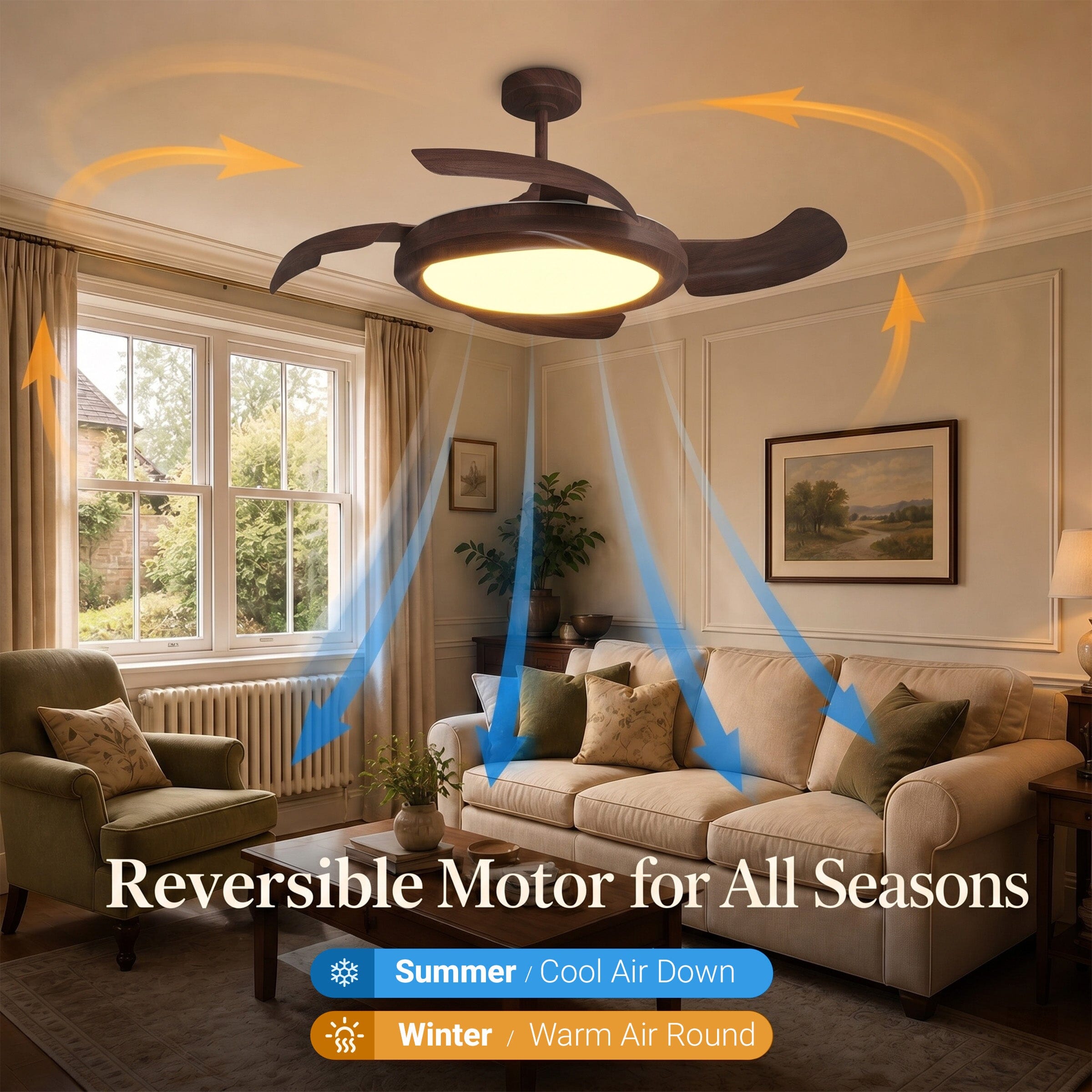 Reversible motor airflow graphic for walnut effect ceiling fan light in all seasons