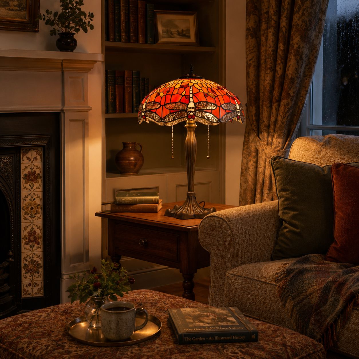 Orange stained glass table lamp beside a fireplace and reading chair
