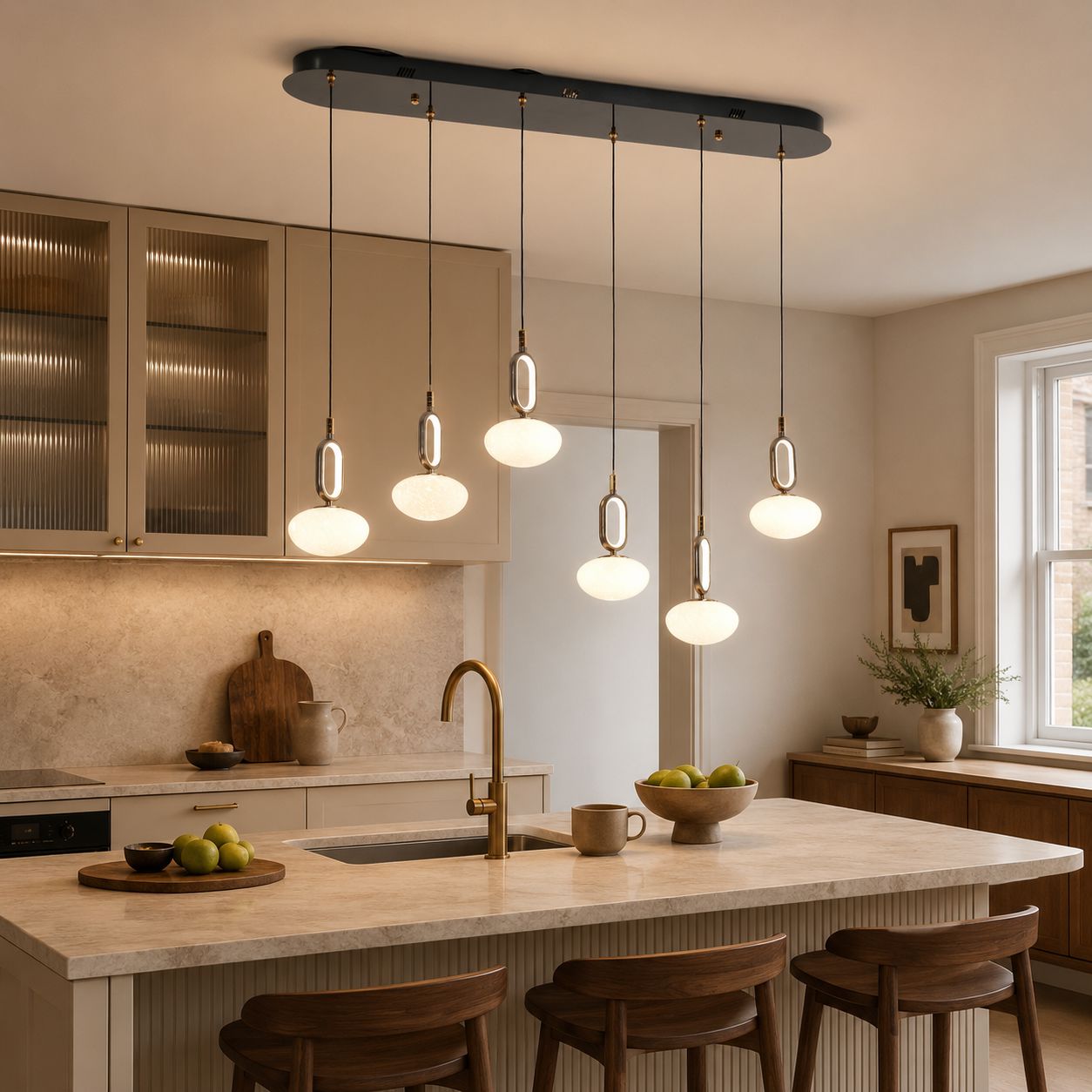 cloud glass pendant light over a kitchen island sink