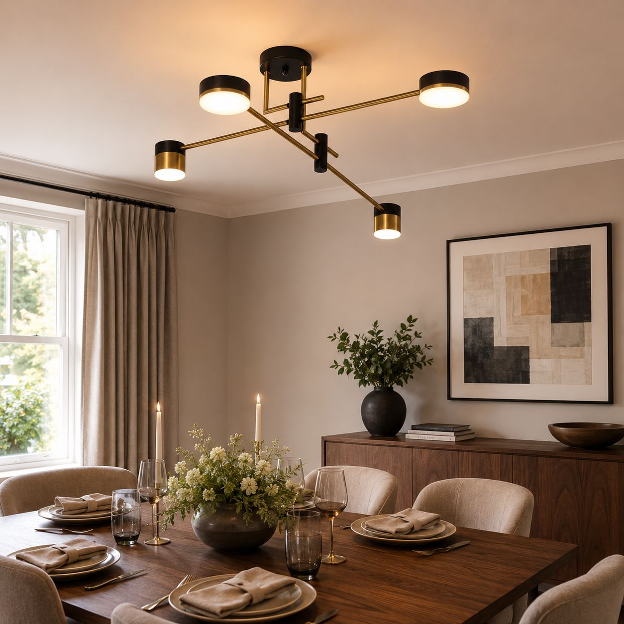 black and gold ceiling light over a round dining table