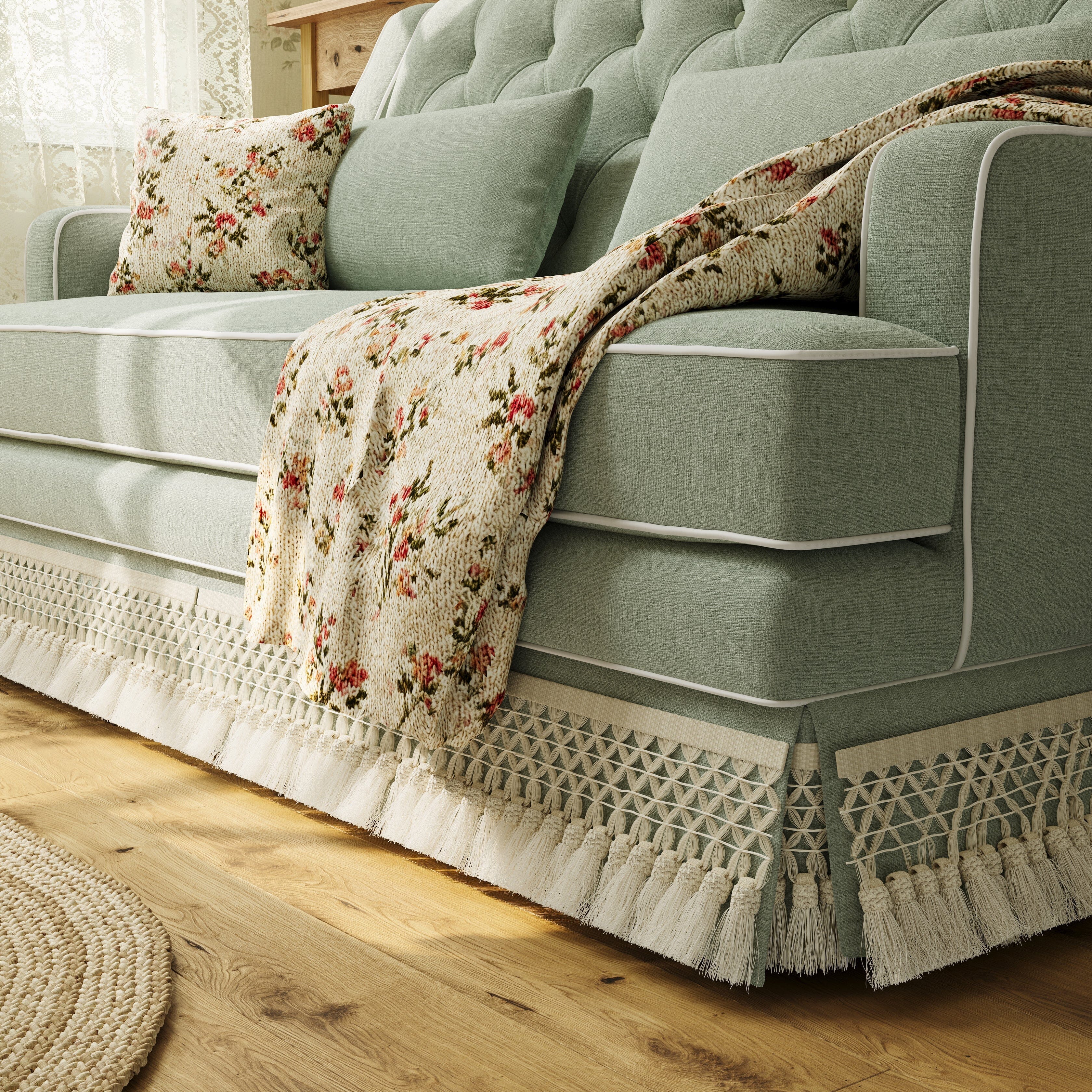 Cottonfy country fringe skirt sofa in cottagecore living room UK