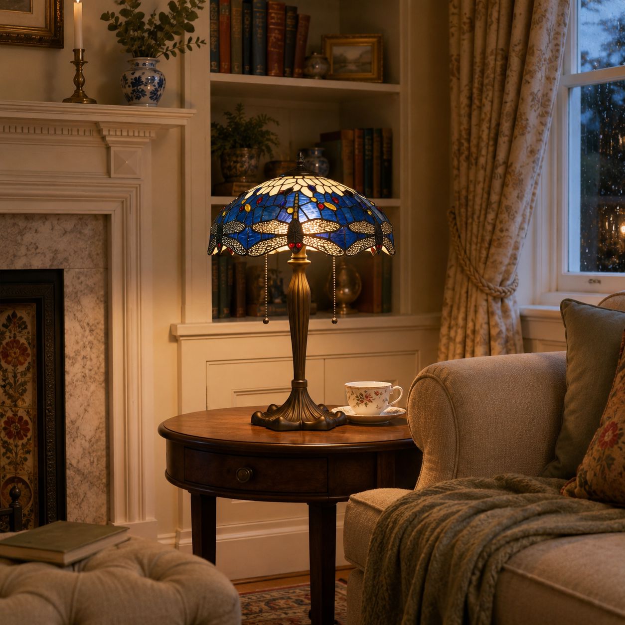 Blue stained glass table lamp beside a sofa with a cosy throw