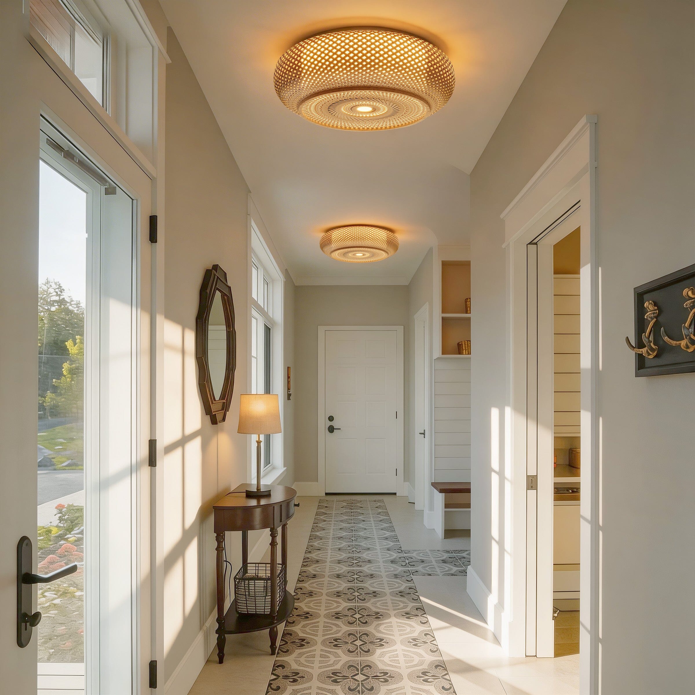 Lightsin Lutta-Japanese-Style Bamboo Rattan Pendant & Ceiling Light – Flat Flush Mount or Hanging Fixture for Bedroom, Living Room & More Lightsin UK 