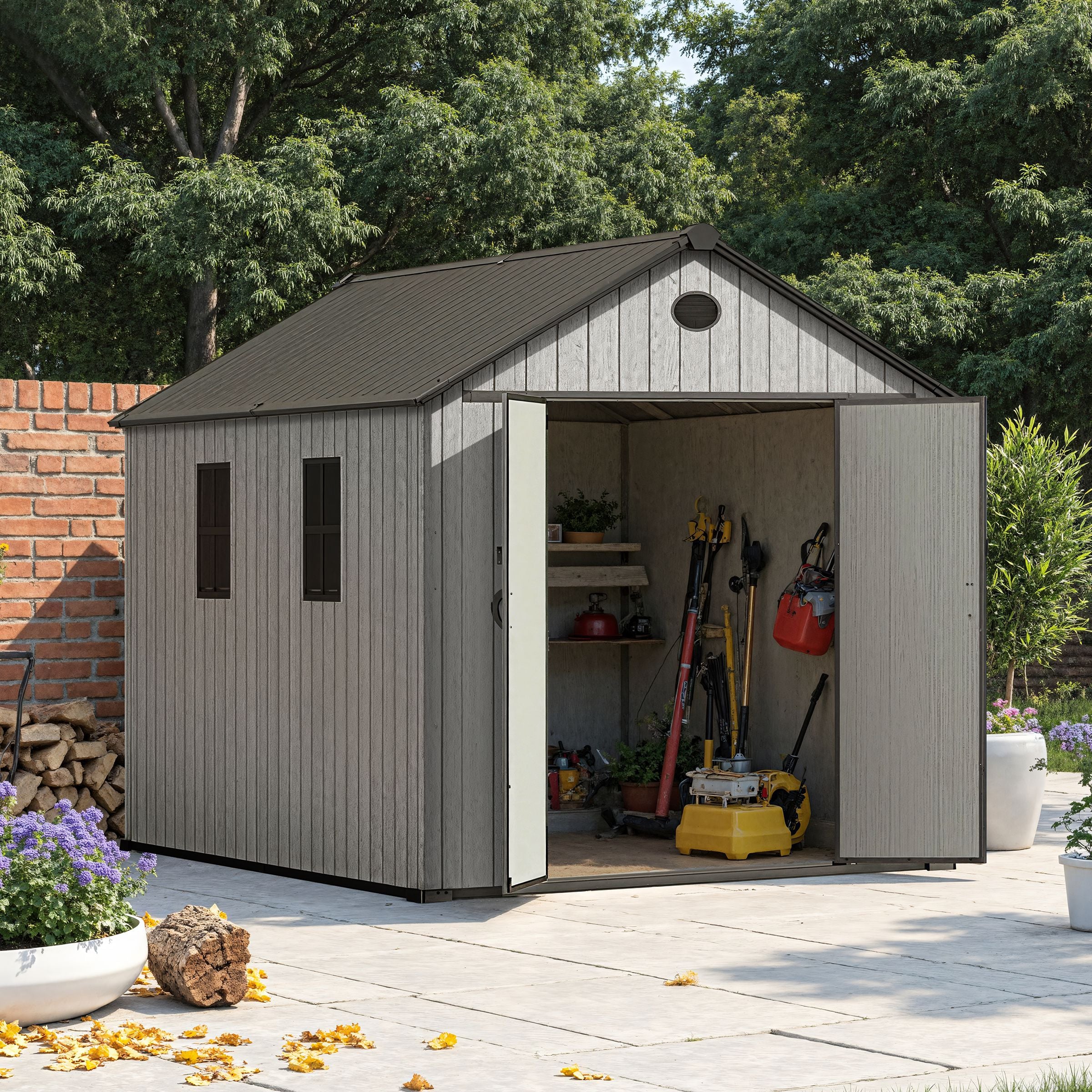 6'x8'ft/8'x8'ft/8'x12'ft/8'x16'ft Gray Wood Grain Plastic Tool Shed Living and Home 8'x12'ft 