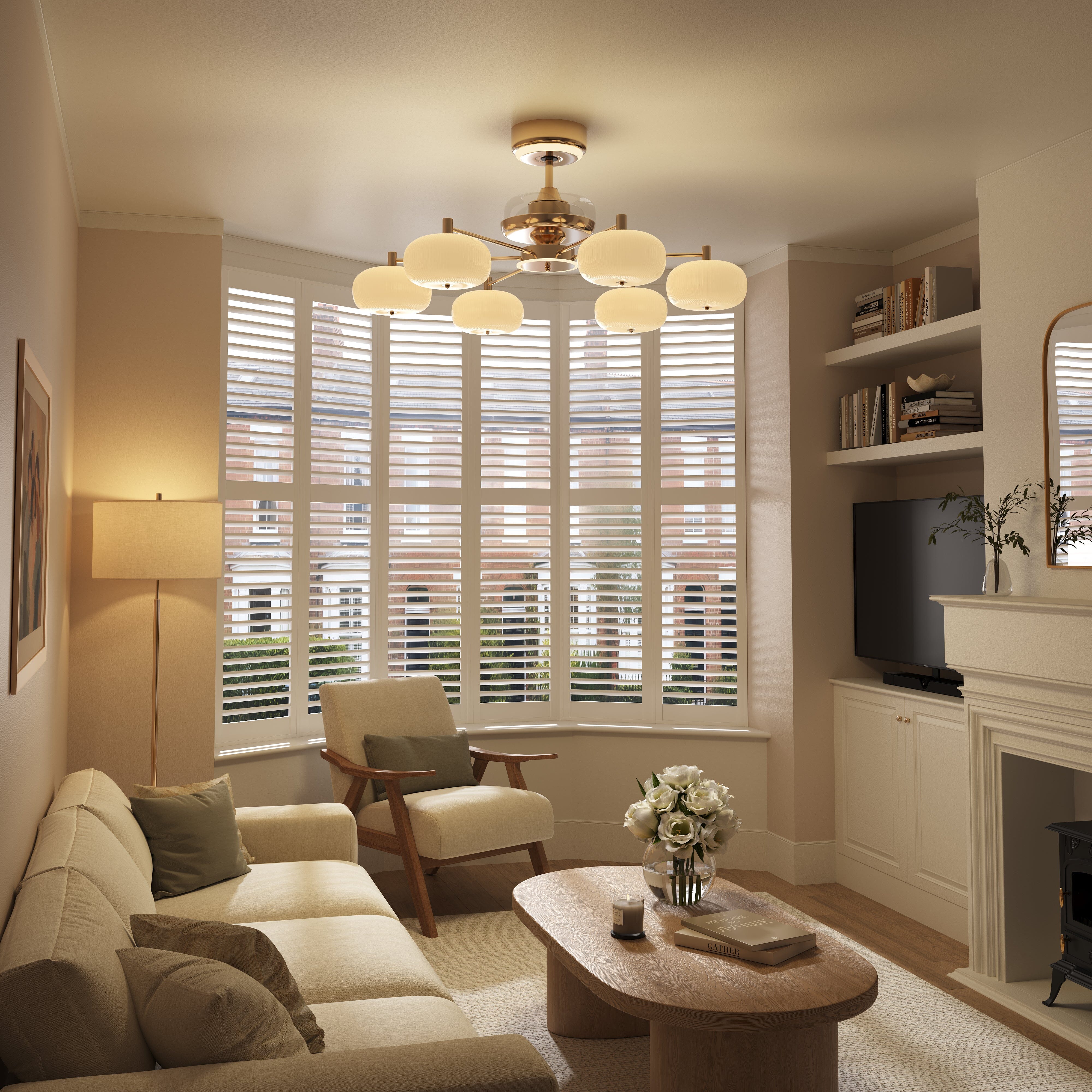 Copper acrylic ceiling fan light with warm glow in a cosy living room