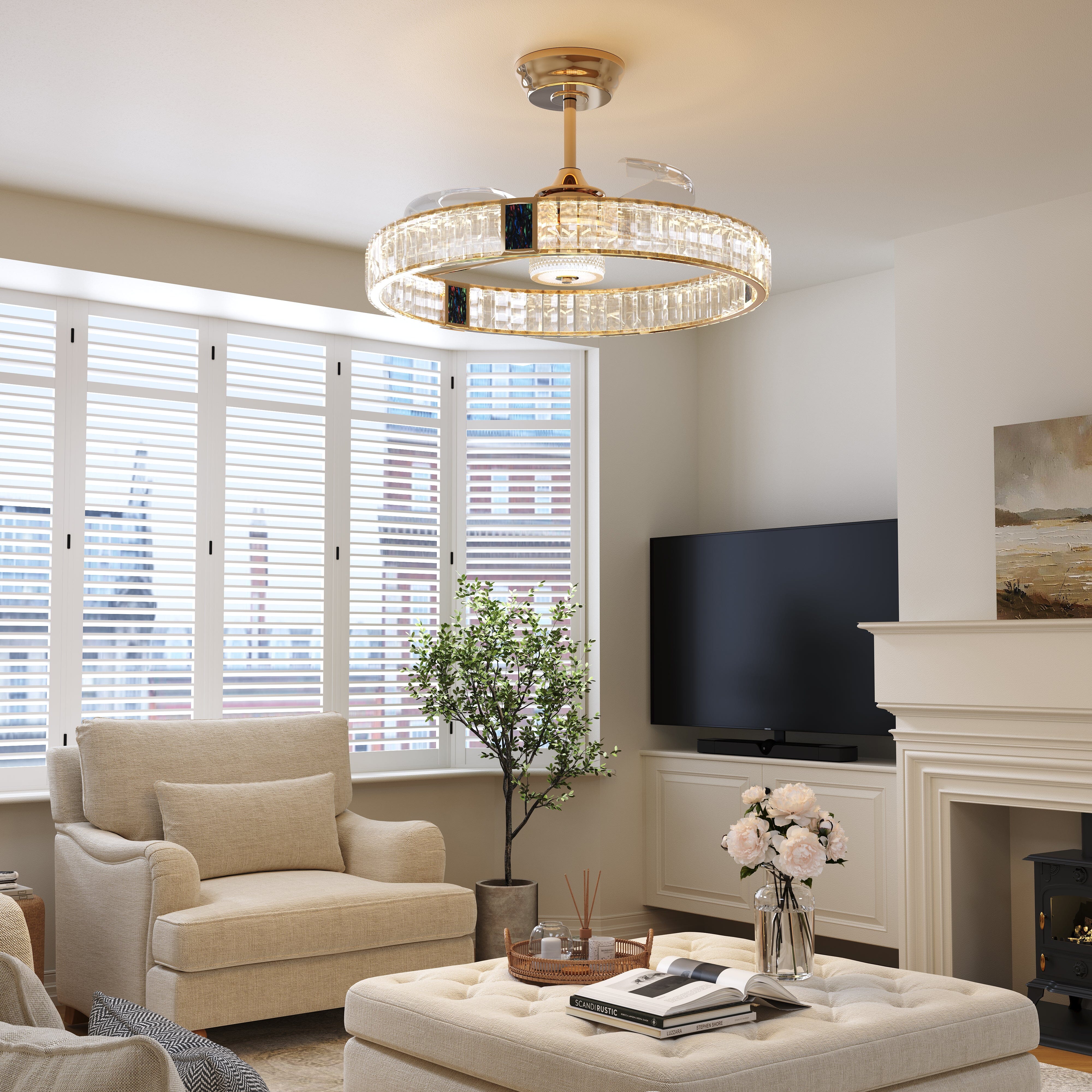 Gold crystal ceiling fan light shown in a stylish bedroom interior