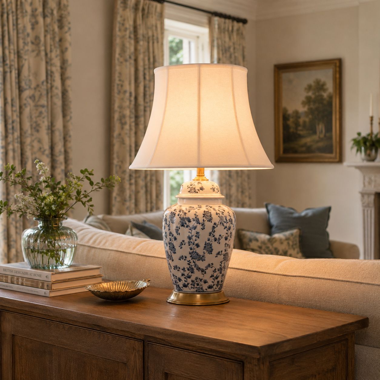 Lightsin Blue Floral Ceramic Table Lamp with Fabric Shade and Brass Base Lightsin UK 