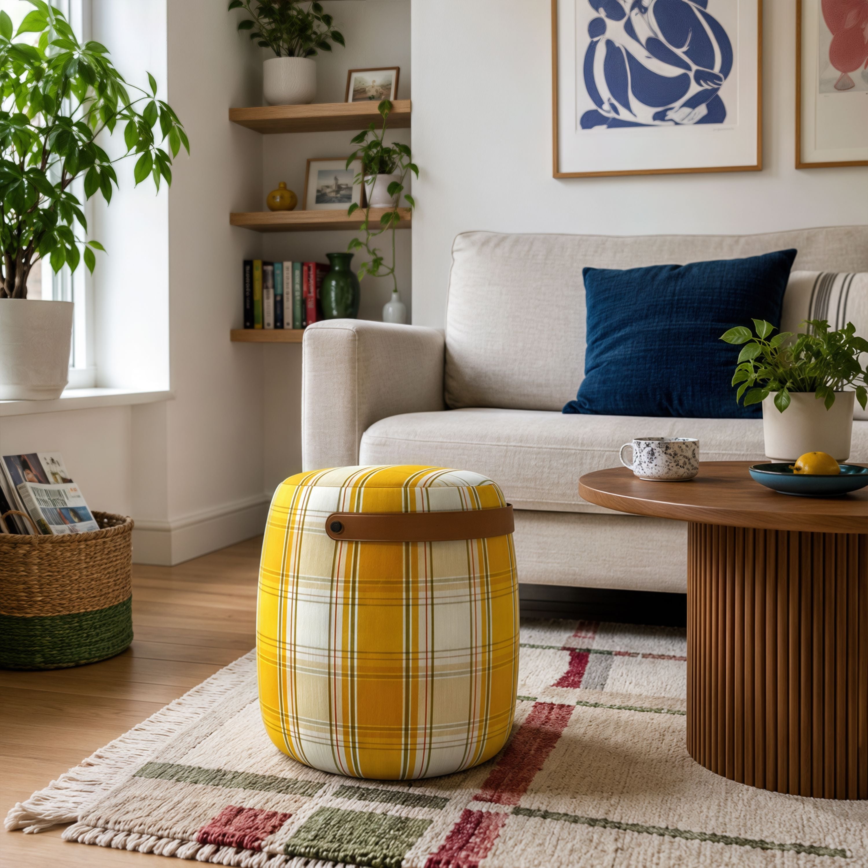 Haven British Check Round Pouffe Footstool with Leather Handle Cottonfy UK 