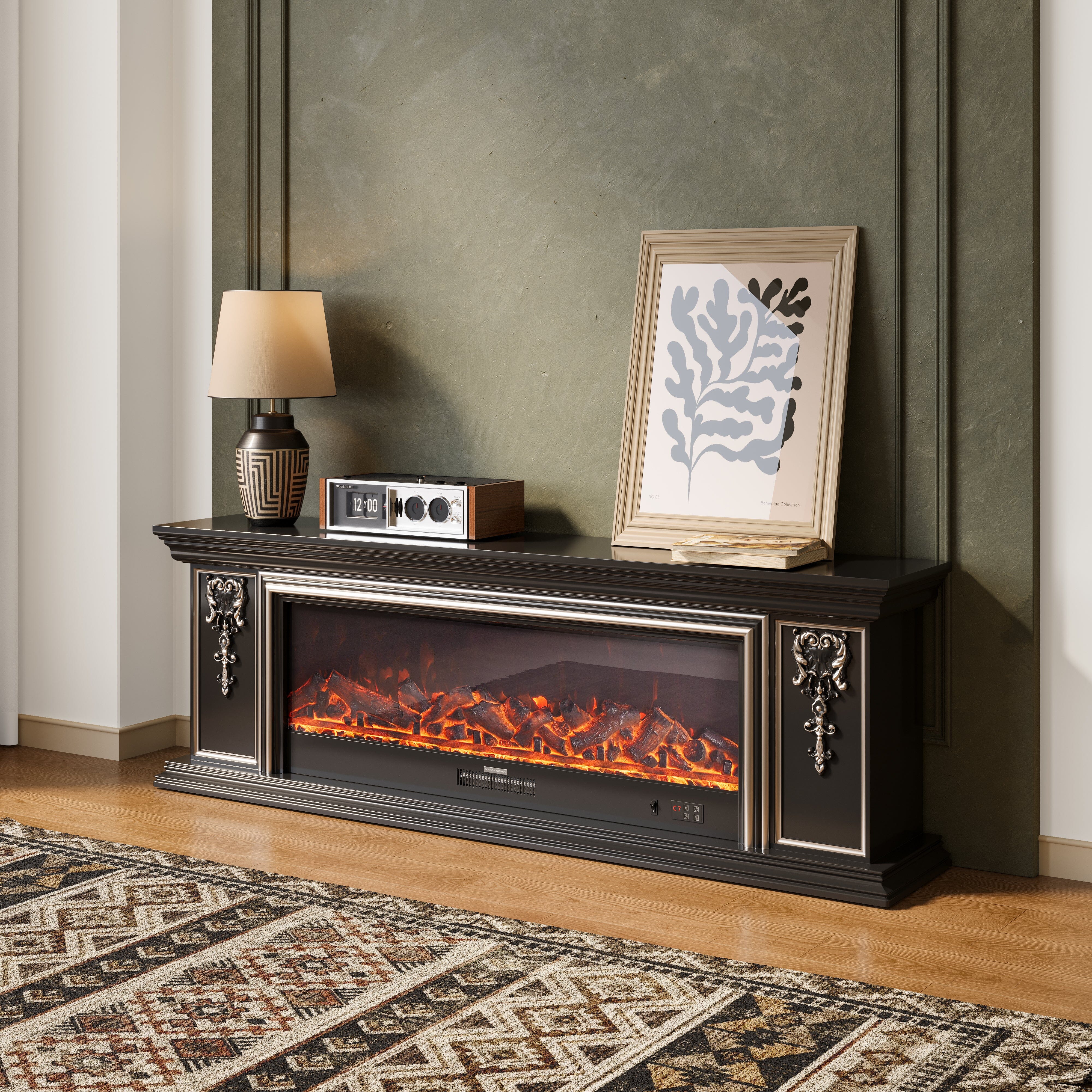 Black Gold Trim TV Cabinet Electric Fireplace with WiFi, APP & Flame Sound Living and Home 