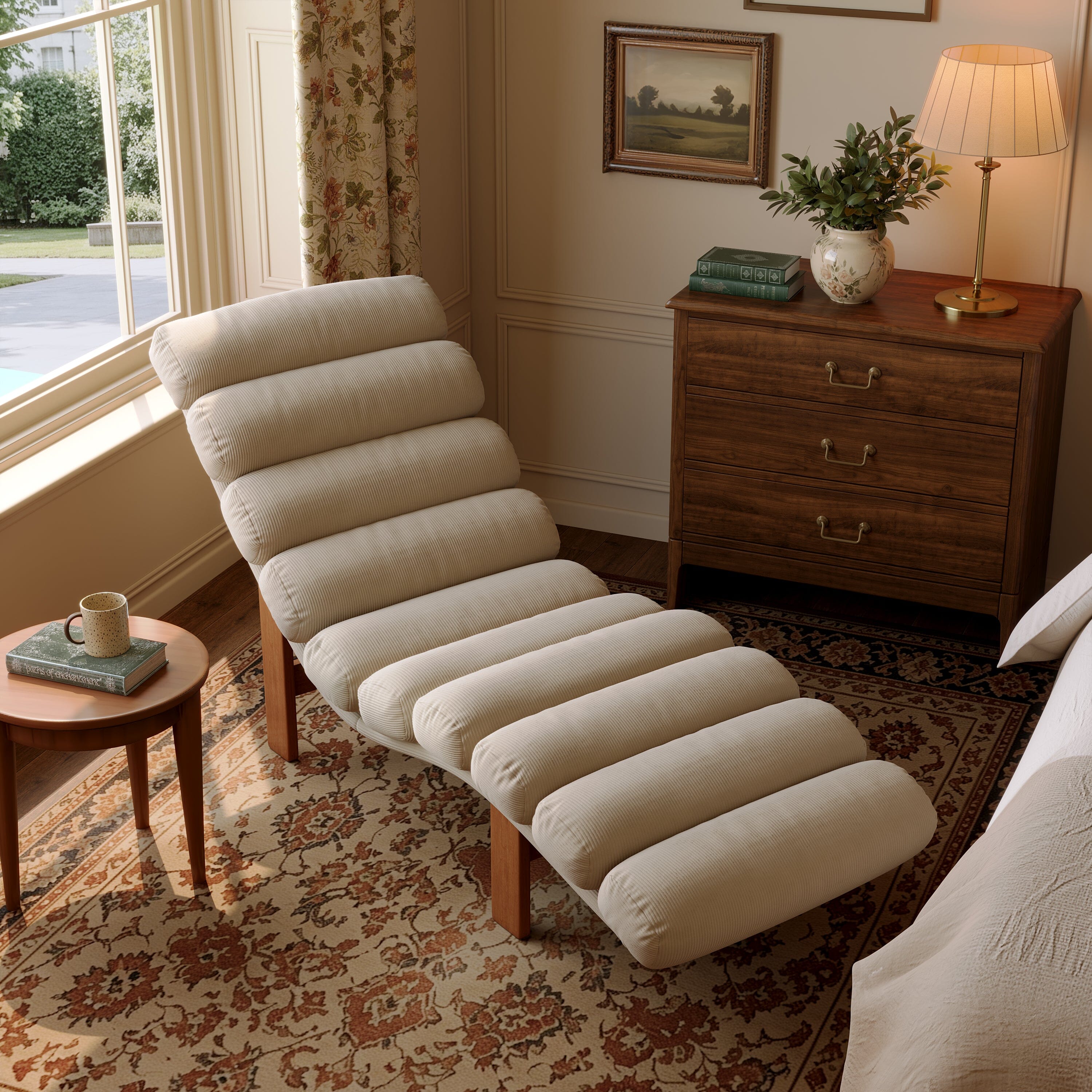 Cottonfy Modern Ergonomic Corduroy Chaise Lounge with Natural Wooden Frame Cottonfy UK 