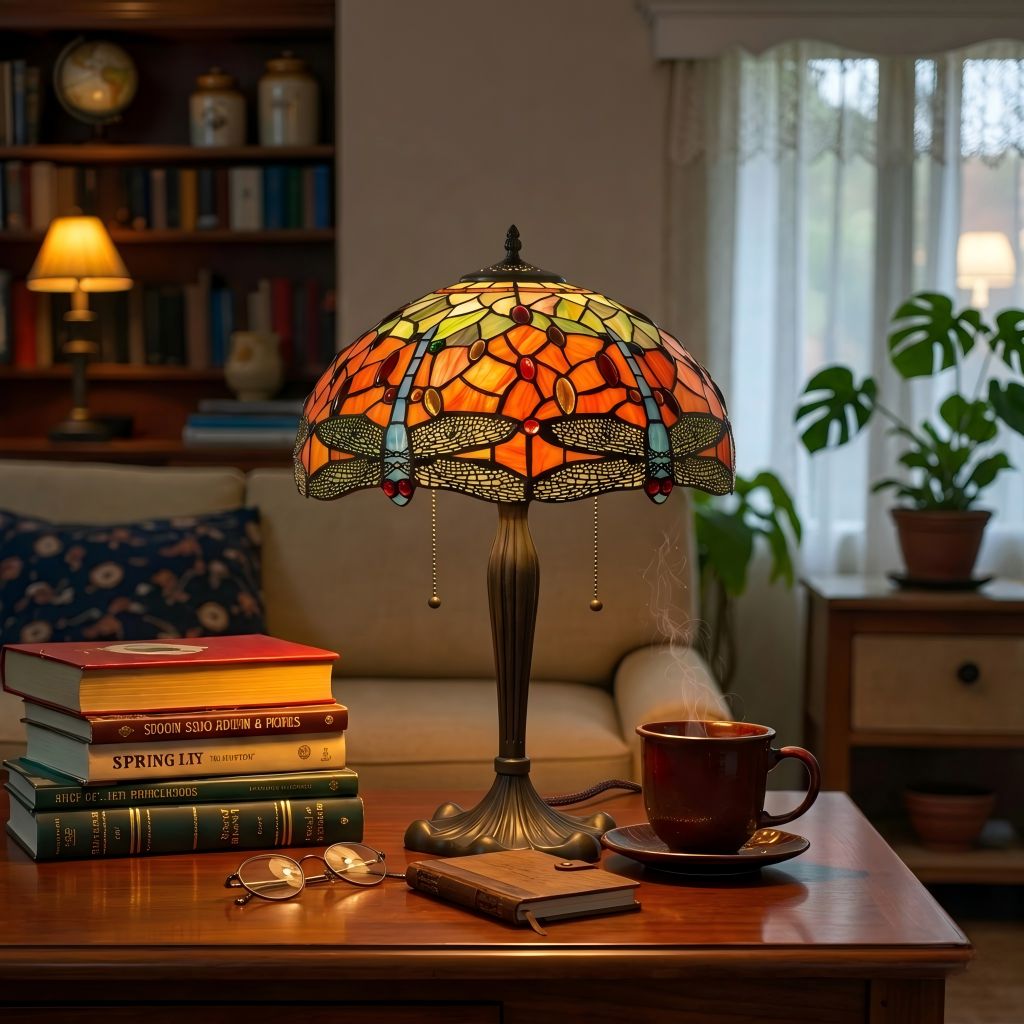 Lightsin Tiffany Table Lamp | Handcrafted Stained Glass Dragonfly Series Blue Dragonfly Lightsin UK 