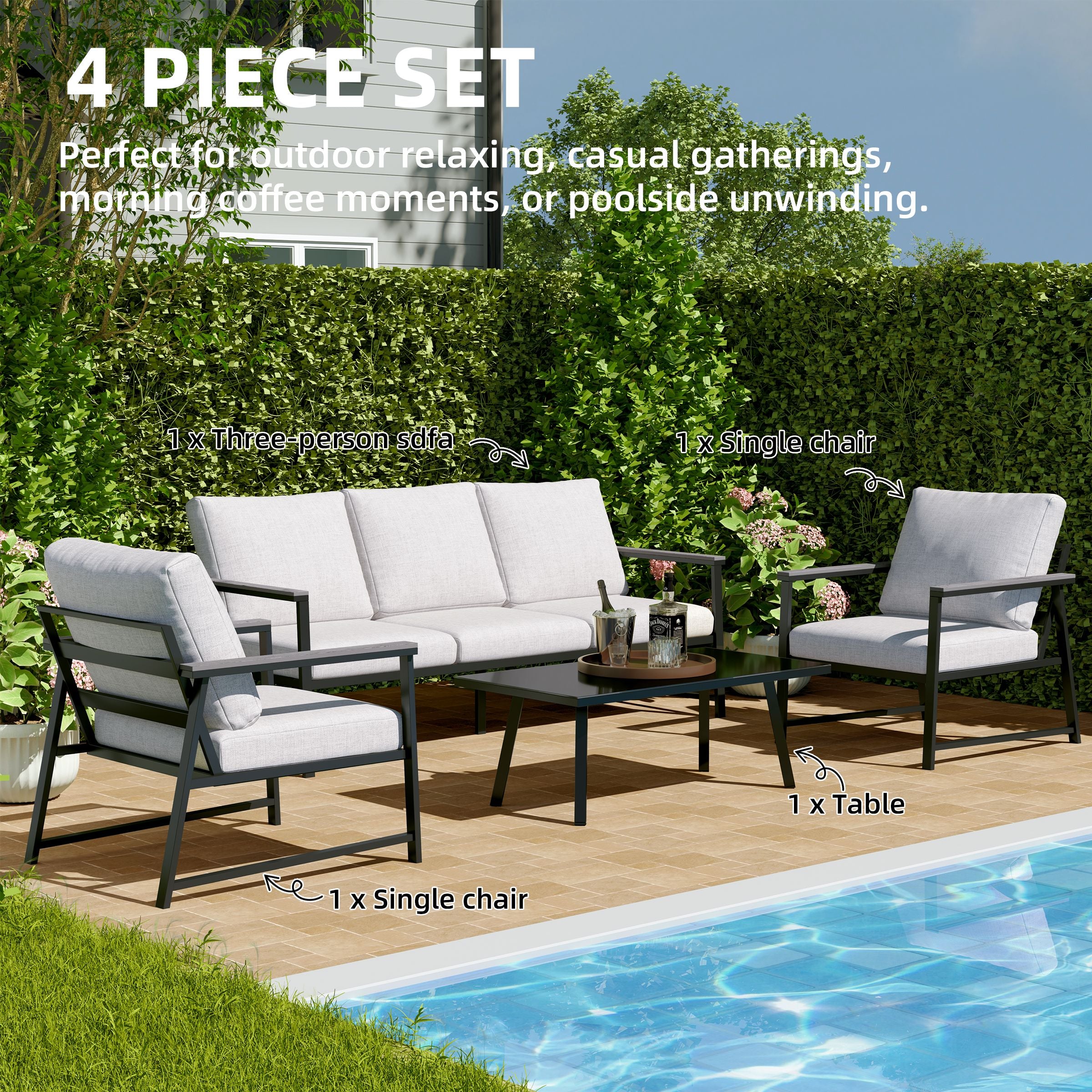 4 Piece Aluminium Outdoor Sofa Set with Glass Table Garden Furniture Living and Home 