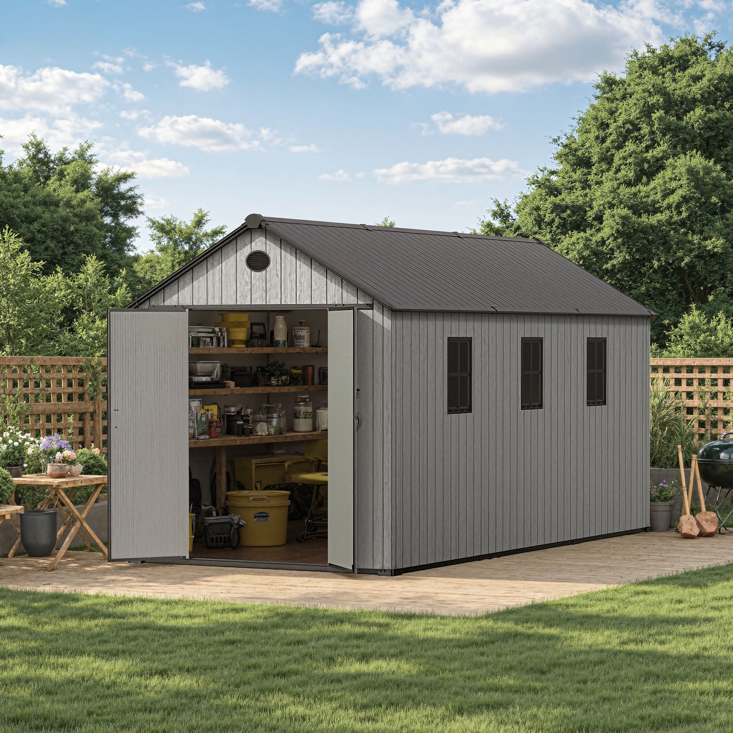 6'x8'ft/8'x8'ft/8'x12'ft/8'x16'ft Gray Wood Grain Plastic Tool Shed Living and Home 8'x16'ft 