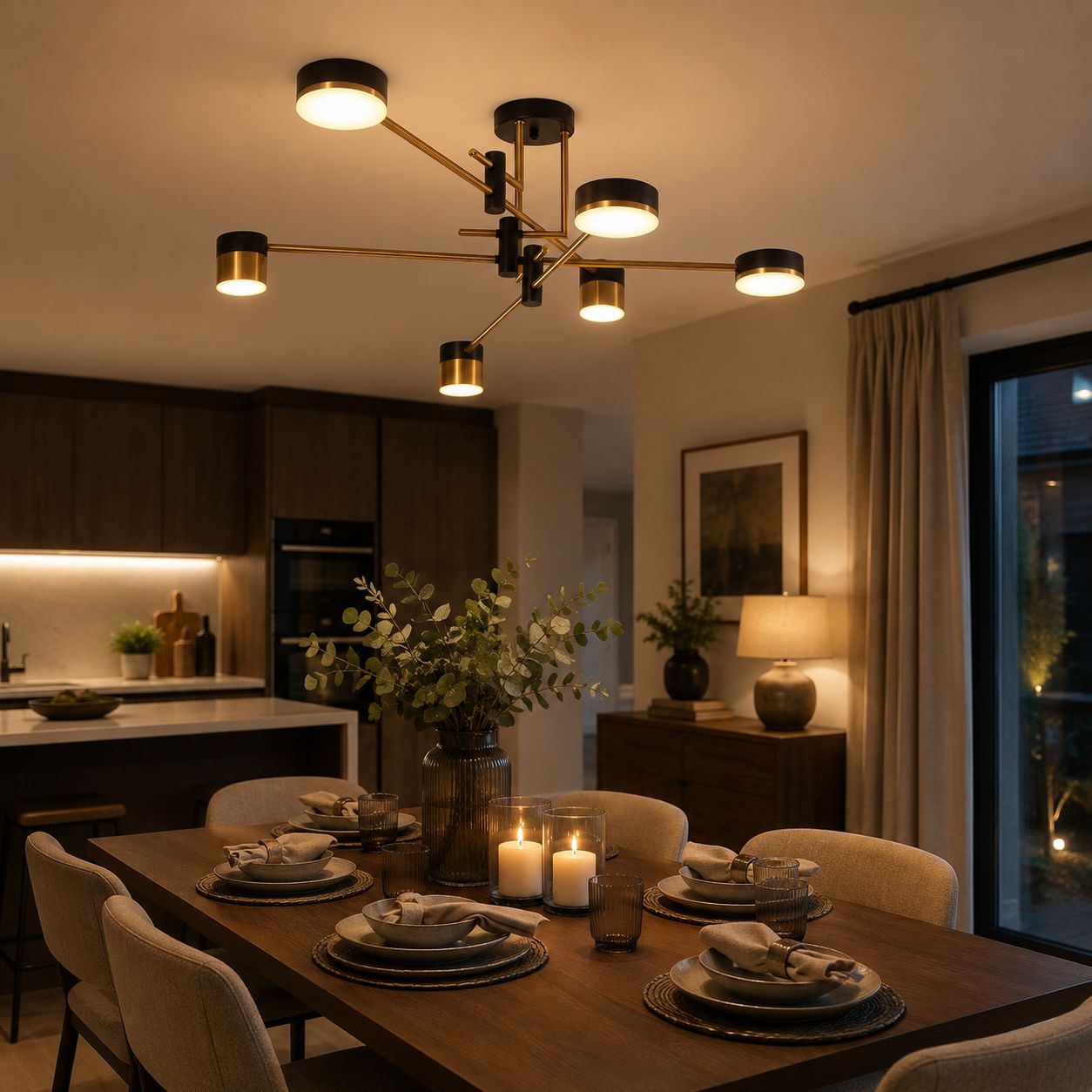 black and gold ceiling light above a dining table at night