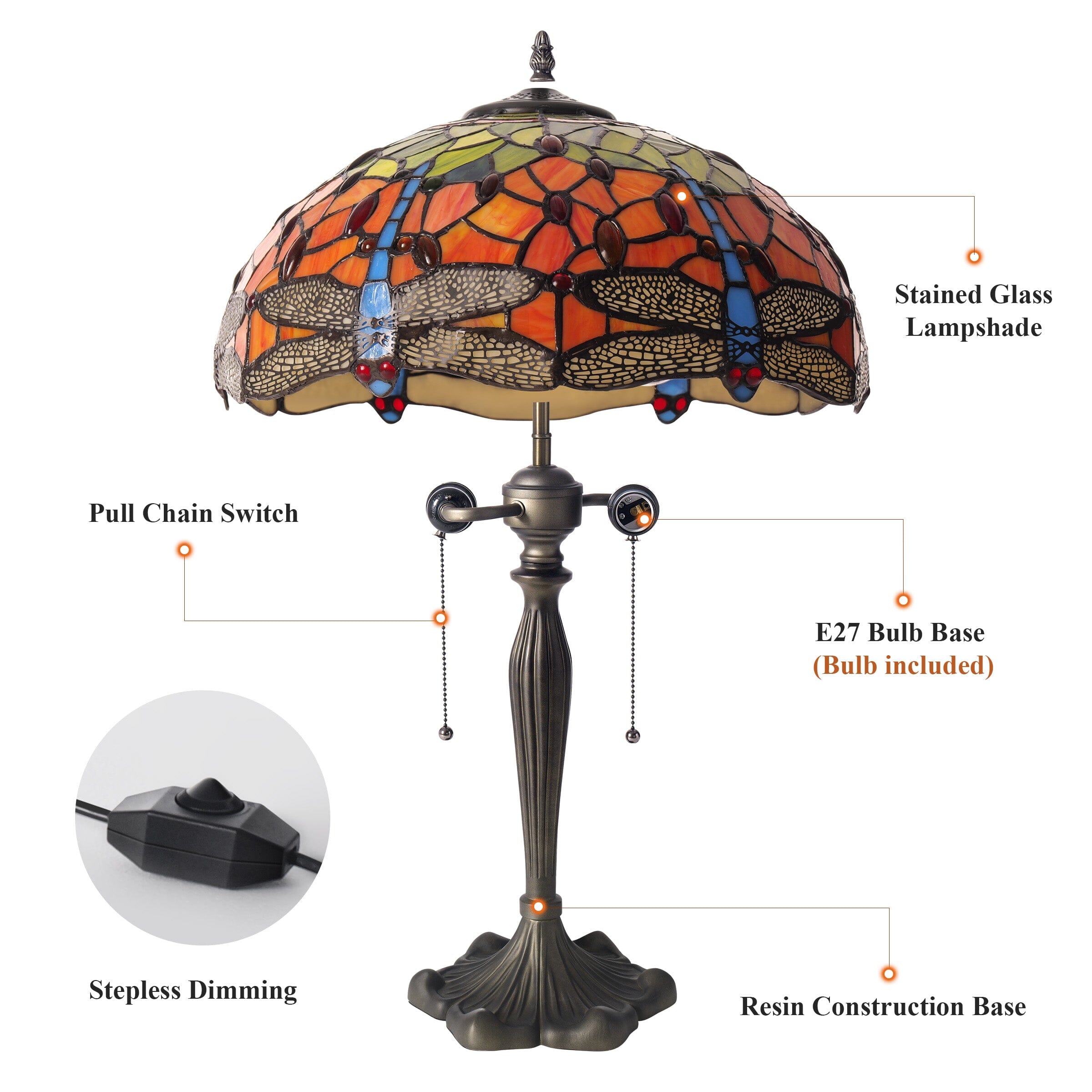 Lightsin Tiffany Table Lamp | Handcrafted Stained Glass Dragonfly Series Blue Dragonfly Lightsin UK 