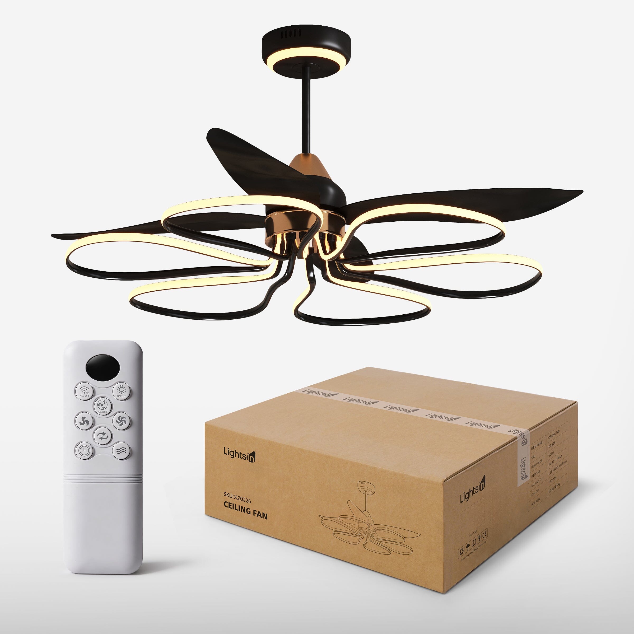 Lightsin 36-inch Black Modern Petal LED Ceiling Fan with Light - 6-Speed with Remote Control Lightsin UK 