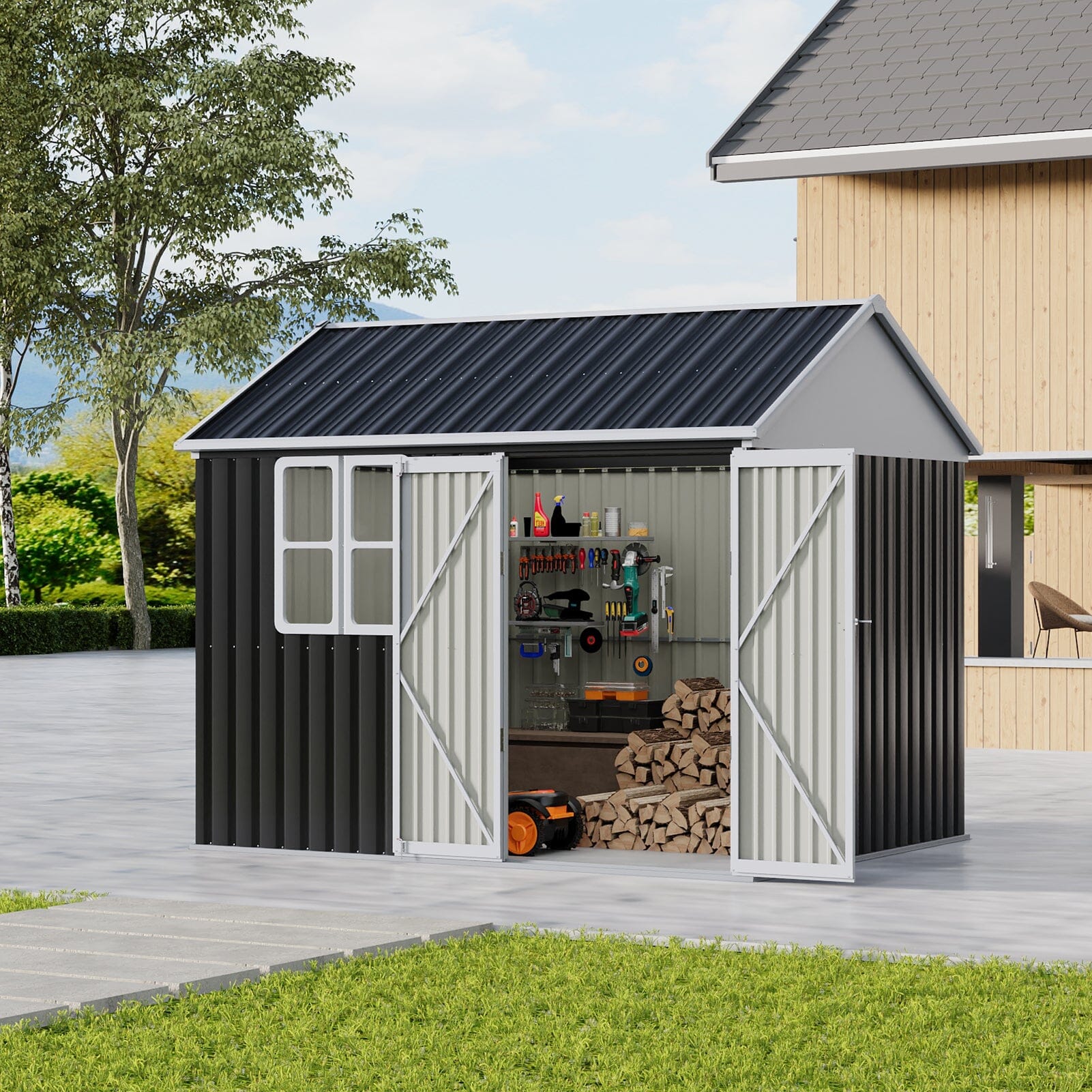 10x8FT Charcoal Black Storage Shed with Double Doors and Grid Window Living and Home 