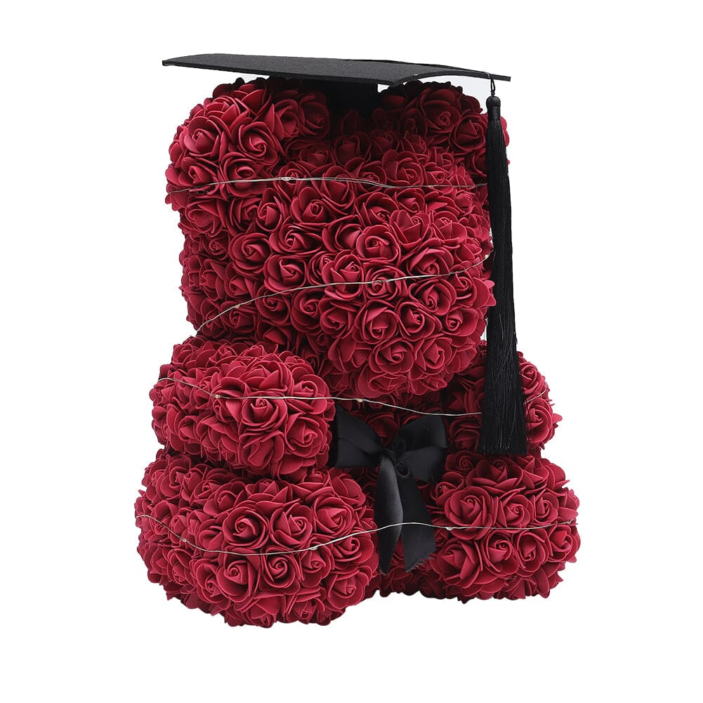 Simulation Foam Forever Rose Teddy Bear Gift Box-Black Tassel Black Hat-Wine Red Living and Home 