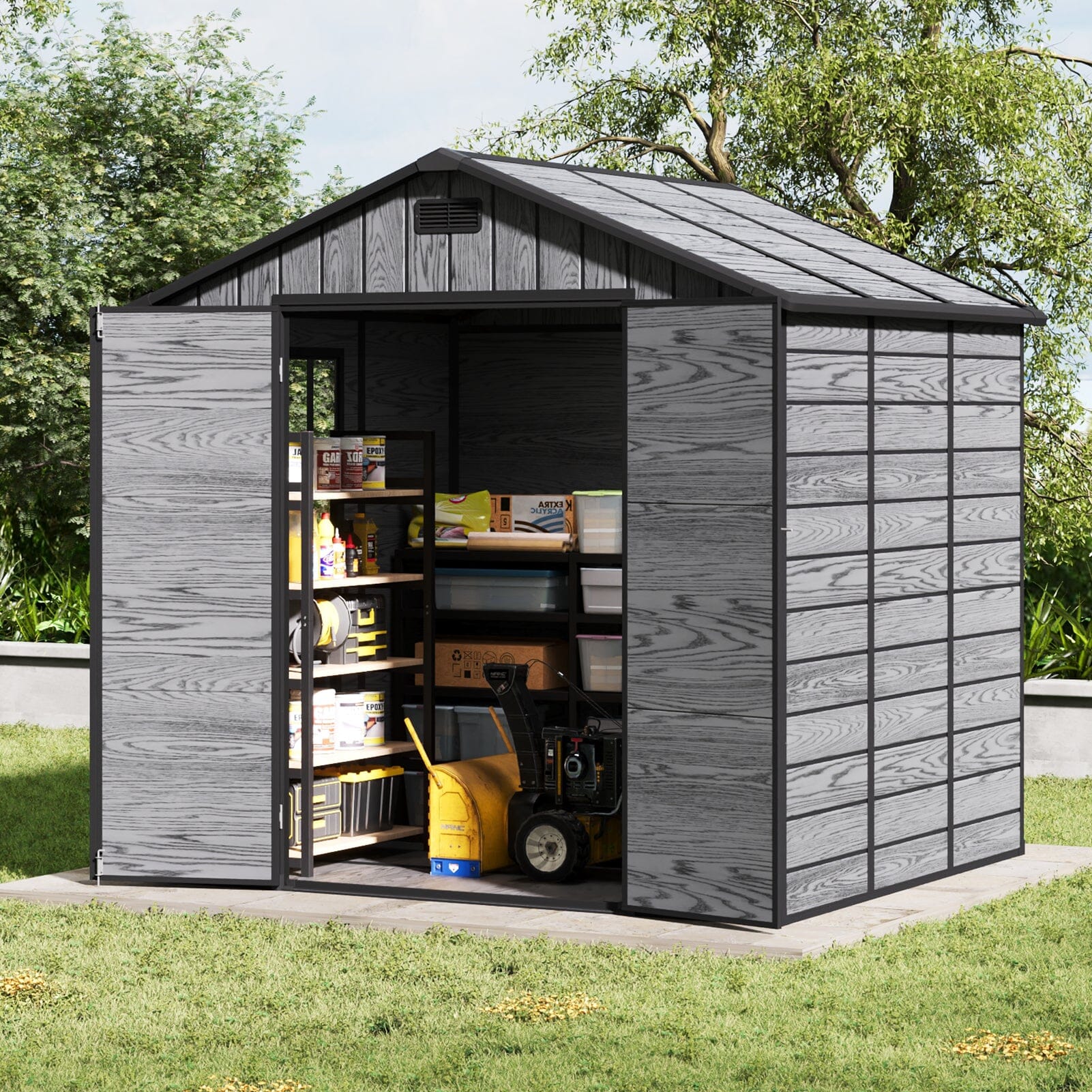 8x6ft / 8x8ft Plastic Outdoor Apex Roof Tool Shed with Dual-door