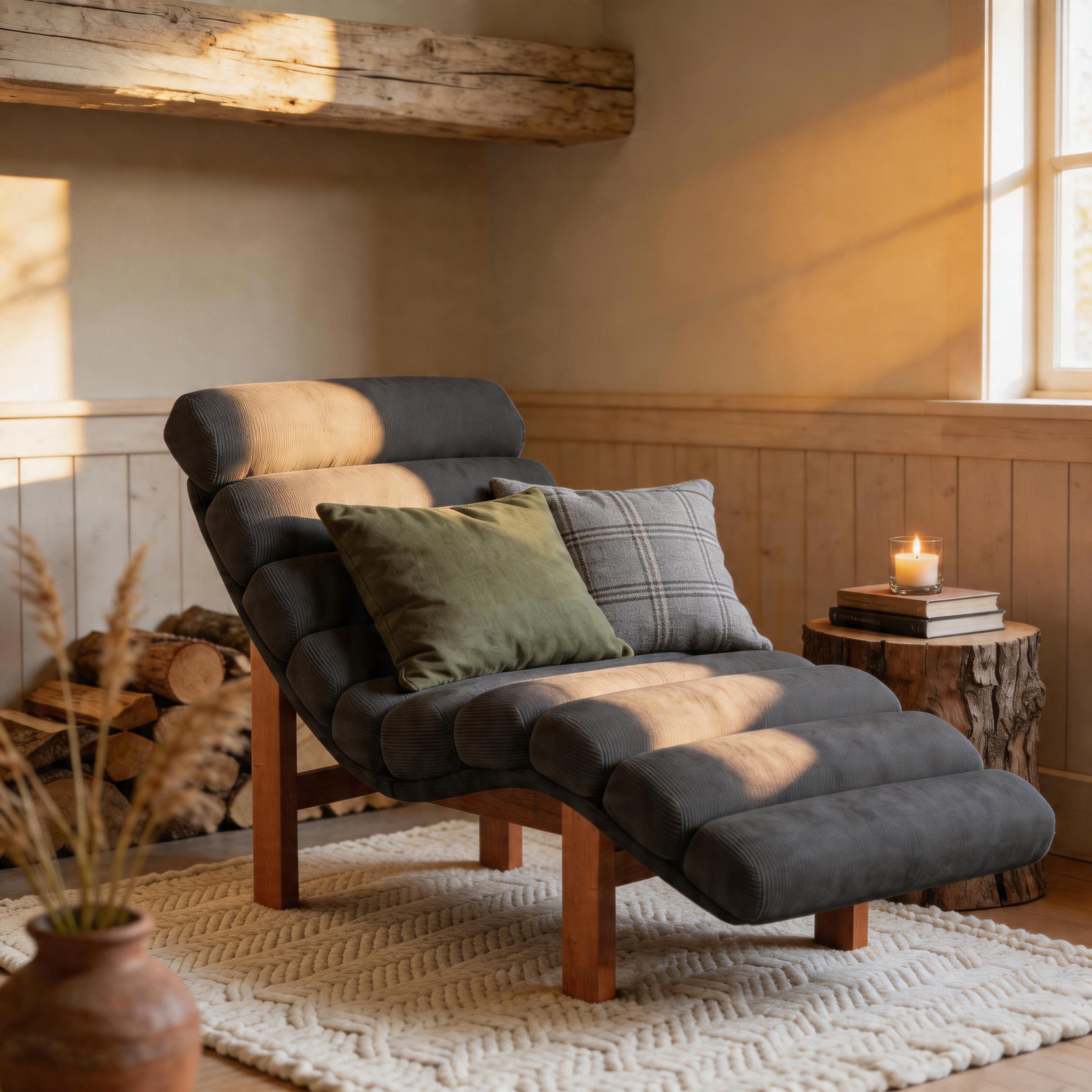 Cottonfy Modern Ergonomic Corduroy Chaise Lounge with Natural Wooden Frame Cottonfy UK 