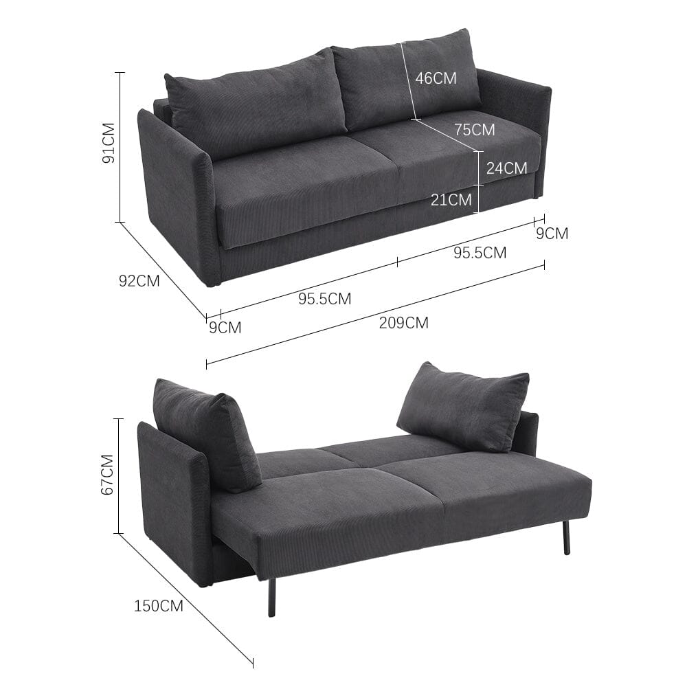 Grey 3-Seater Sleeper Sofa Bed polyester/corduroy Living and Home 