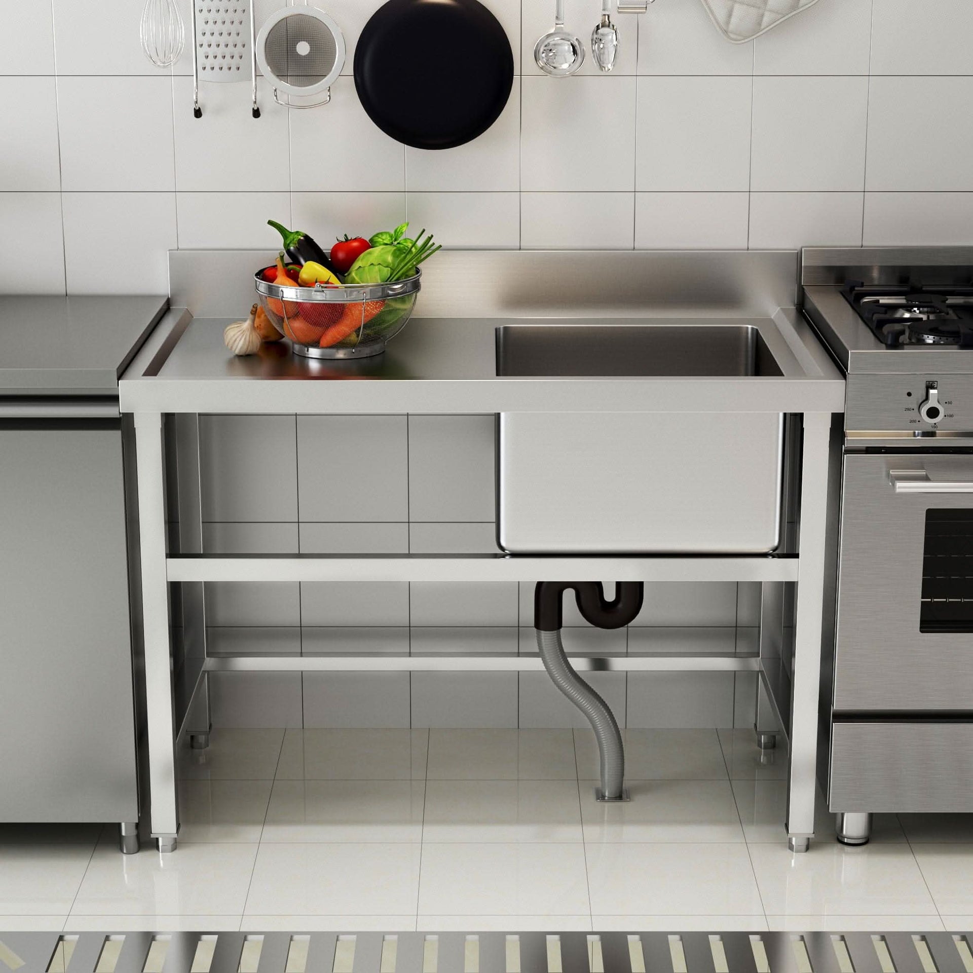4ft W Stainless Steel Kitchen Commercial Catering Sink 1 2 Large Compartments
