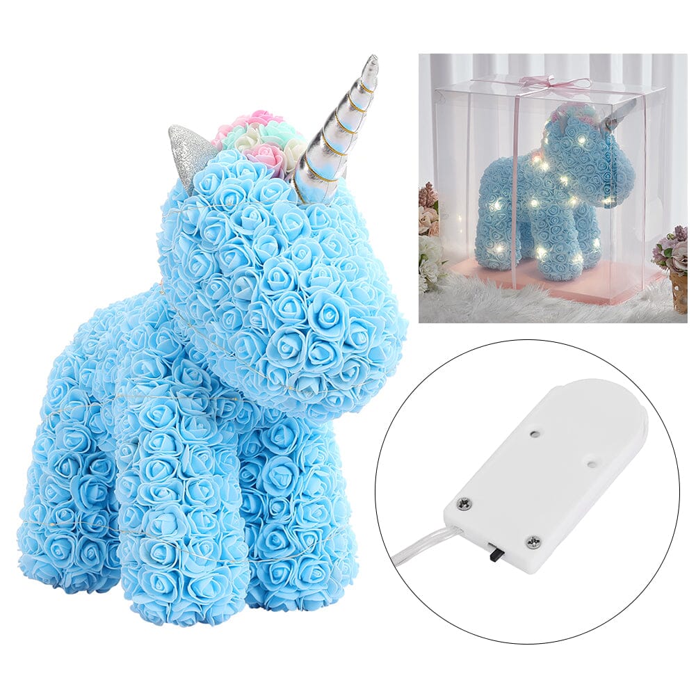 Simulation Foam Forever Rose Blue Unicorn Gift Box with Warm Light Strip Living and Home 