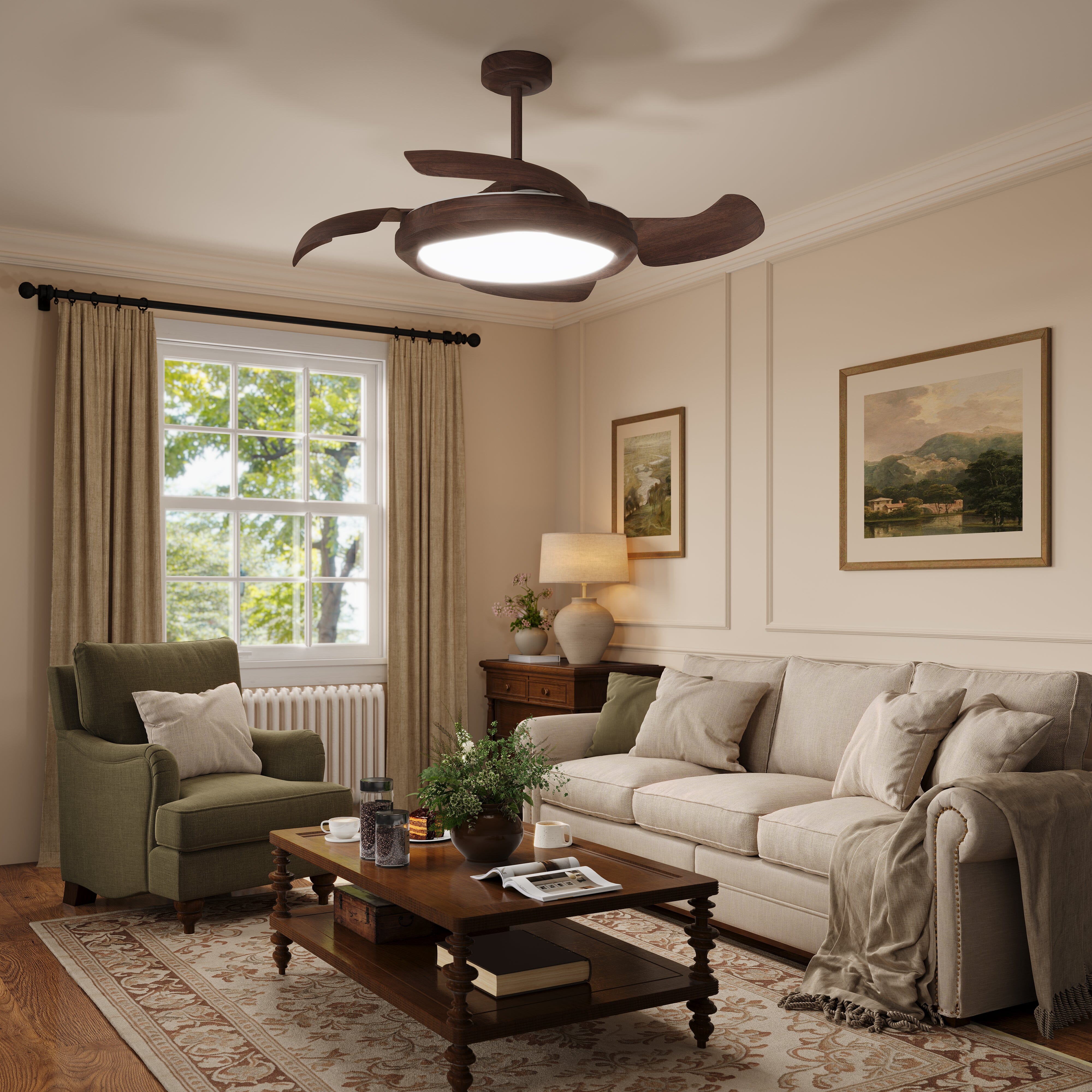 Walnut effect ceiling fan light with cool white LED in a traditional living room