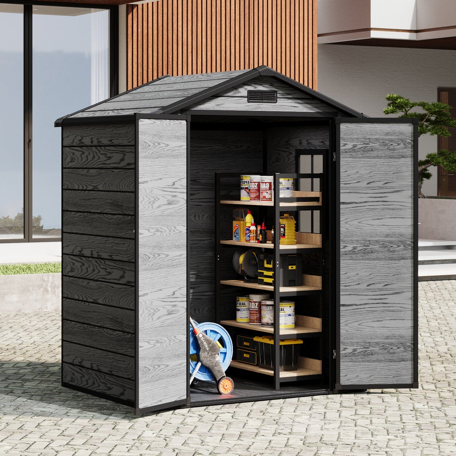 6x4ft Plastic Corrosion-Resistant Garden Storage Shed with Lockable Door Living and Home Dark Gray Wood Grain 