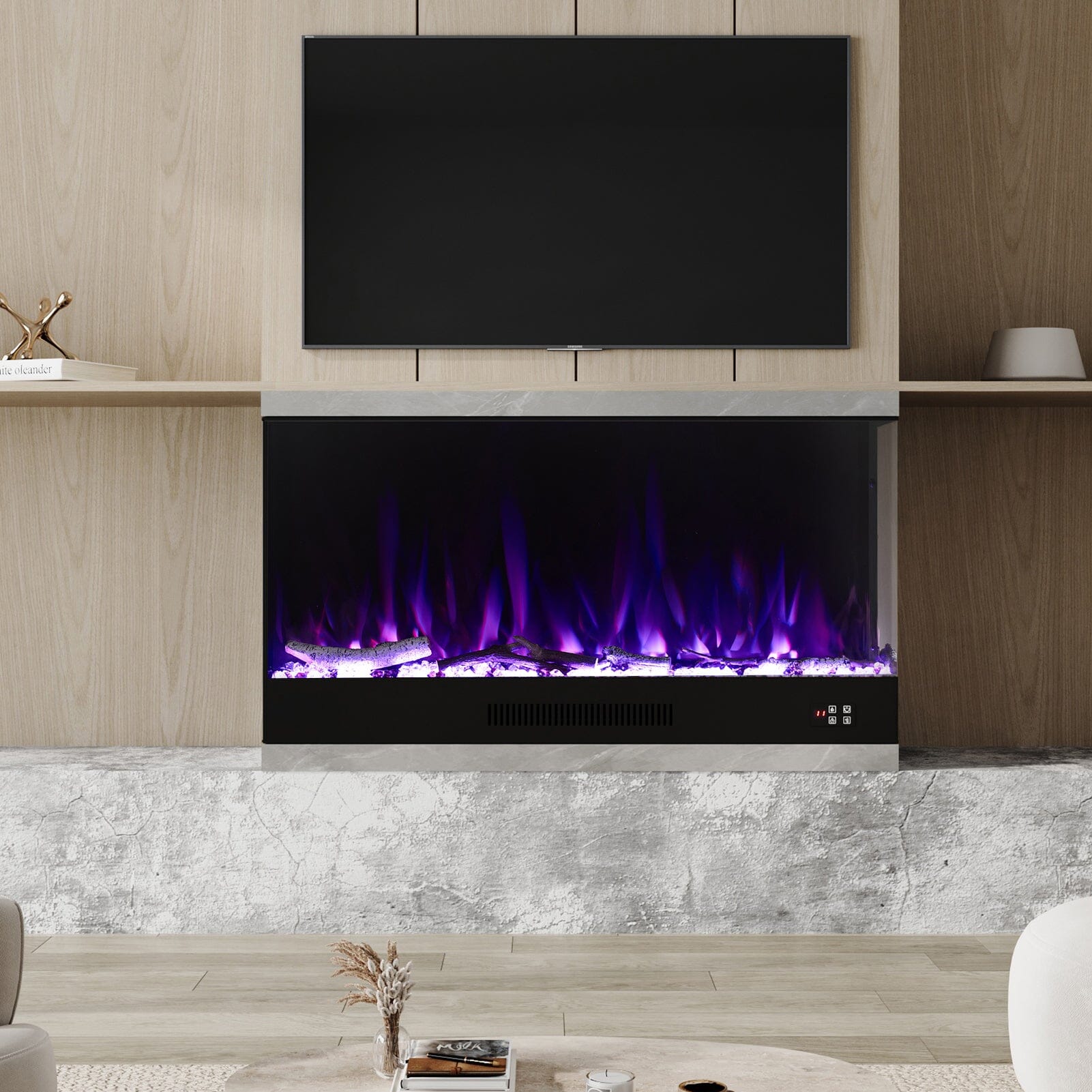 46/60inch L-Shaped Electric Fireplace – WiFi Control, LED Display, Resin Logs & Crystal Stones with Heating Living and Home 