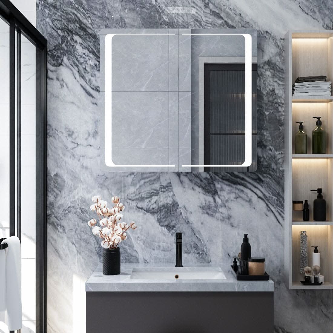 60cm H Double Door Anti Fog Mirror Cabinet Bluetooth LED Light