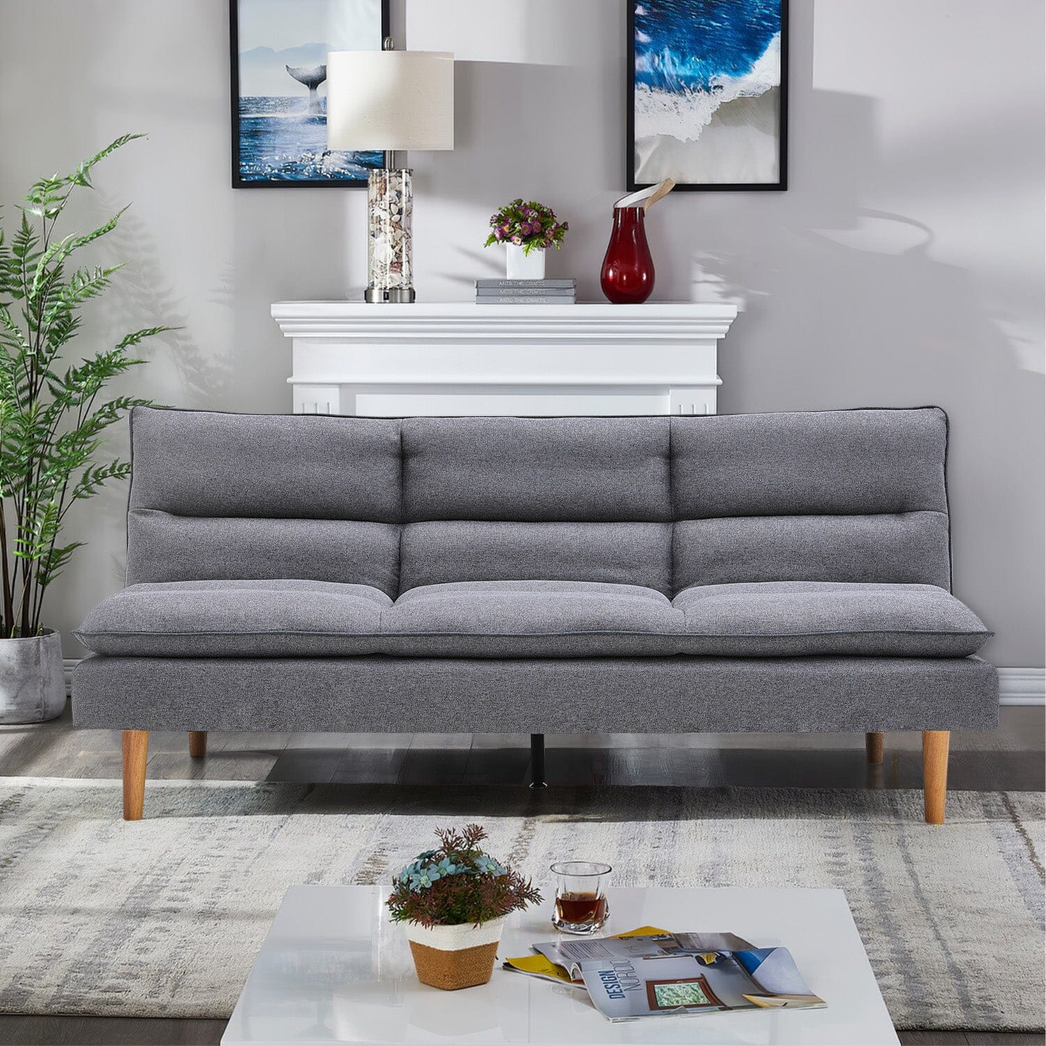 Livingandhome Sofa Bed 3 Seater Grey Fabric Tufted Convertible