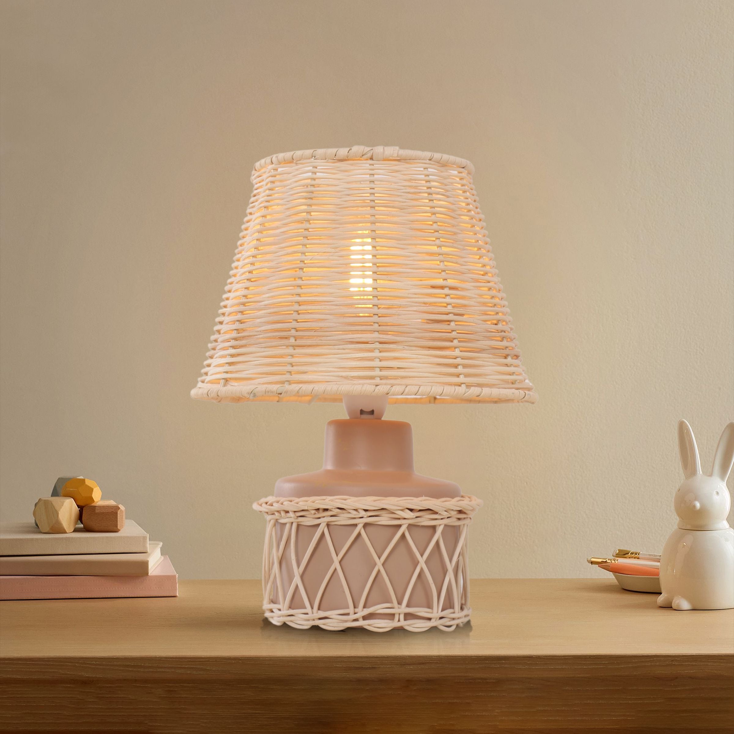 Lightsin Natural Rattan Table Lamp with Pink Wood Base for Bedroom and Living Room Lightsin UK 