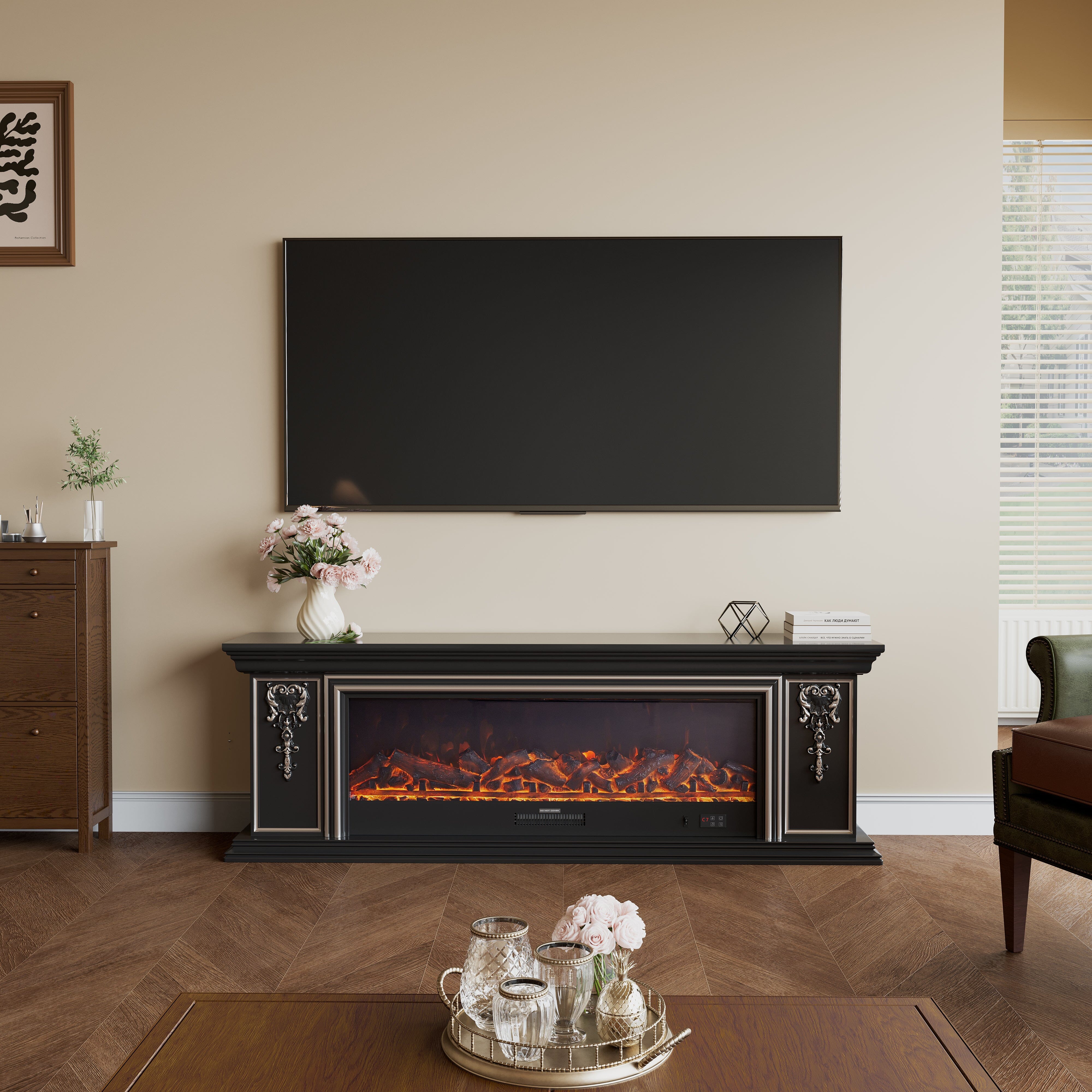 Black Gold Trim TV Cabinet Electric Fireplace with WiFi, APP & Flame Sound Living and Home 