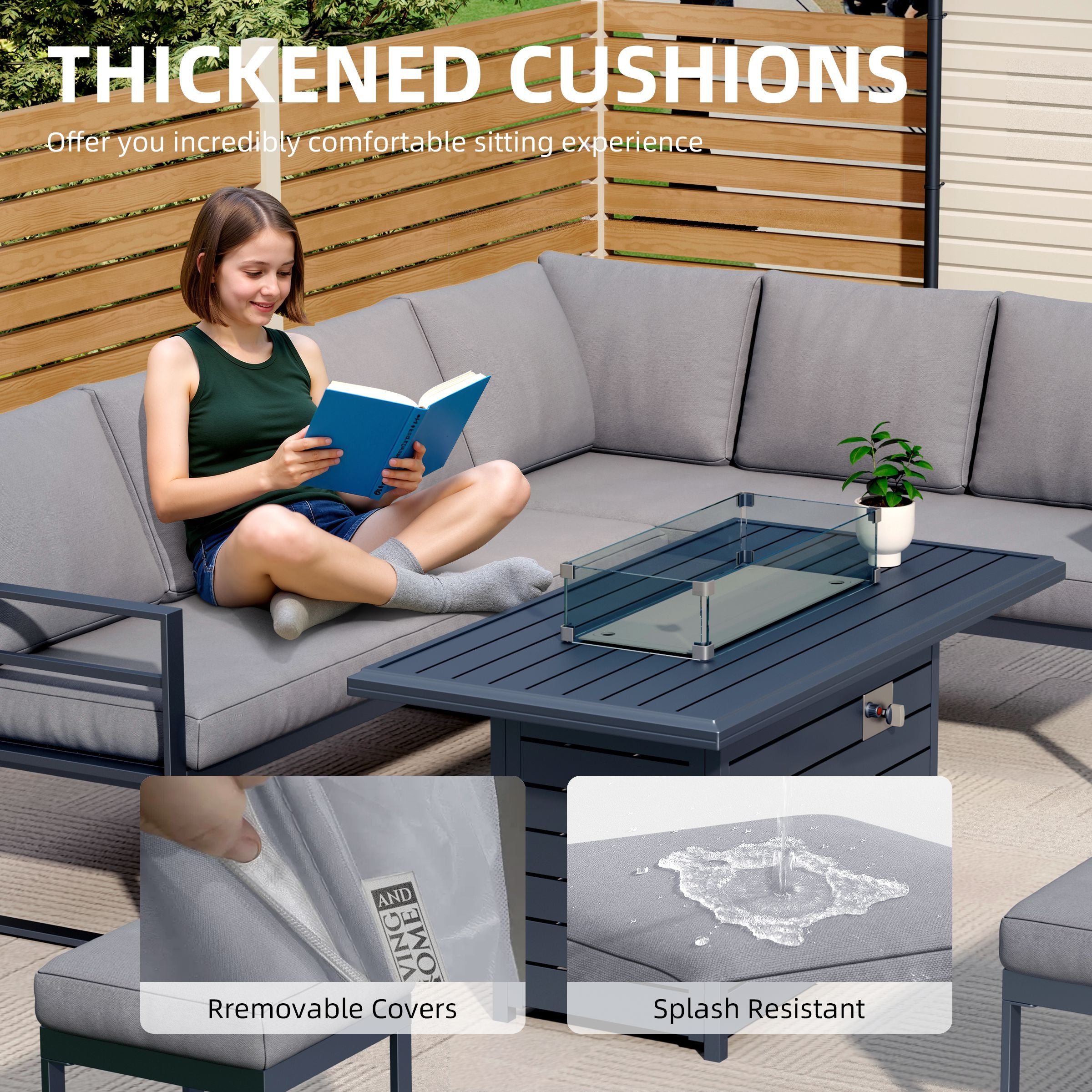 5 Piece Metal Sectional Garden Furniture Set Outdoor Corner Sofa with Cushions and Heated Table Living and Home 
