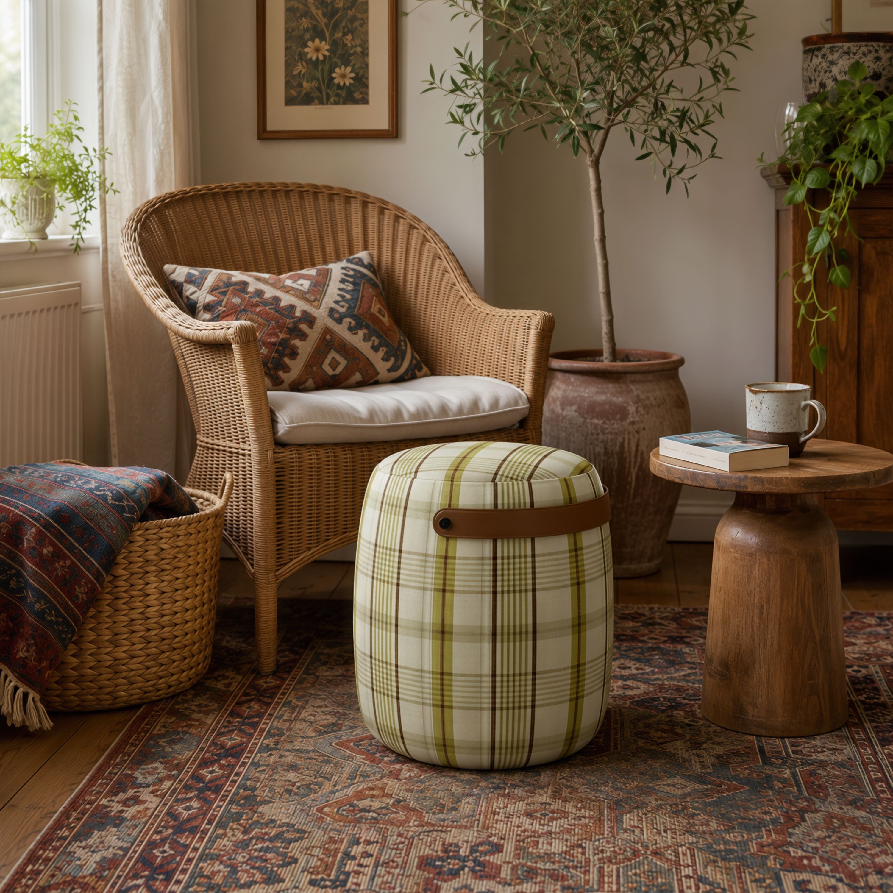 Haven British Check Round Pouffe Footstool with Leather Handle Cottonfy UK 