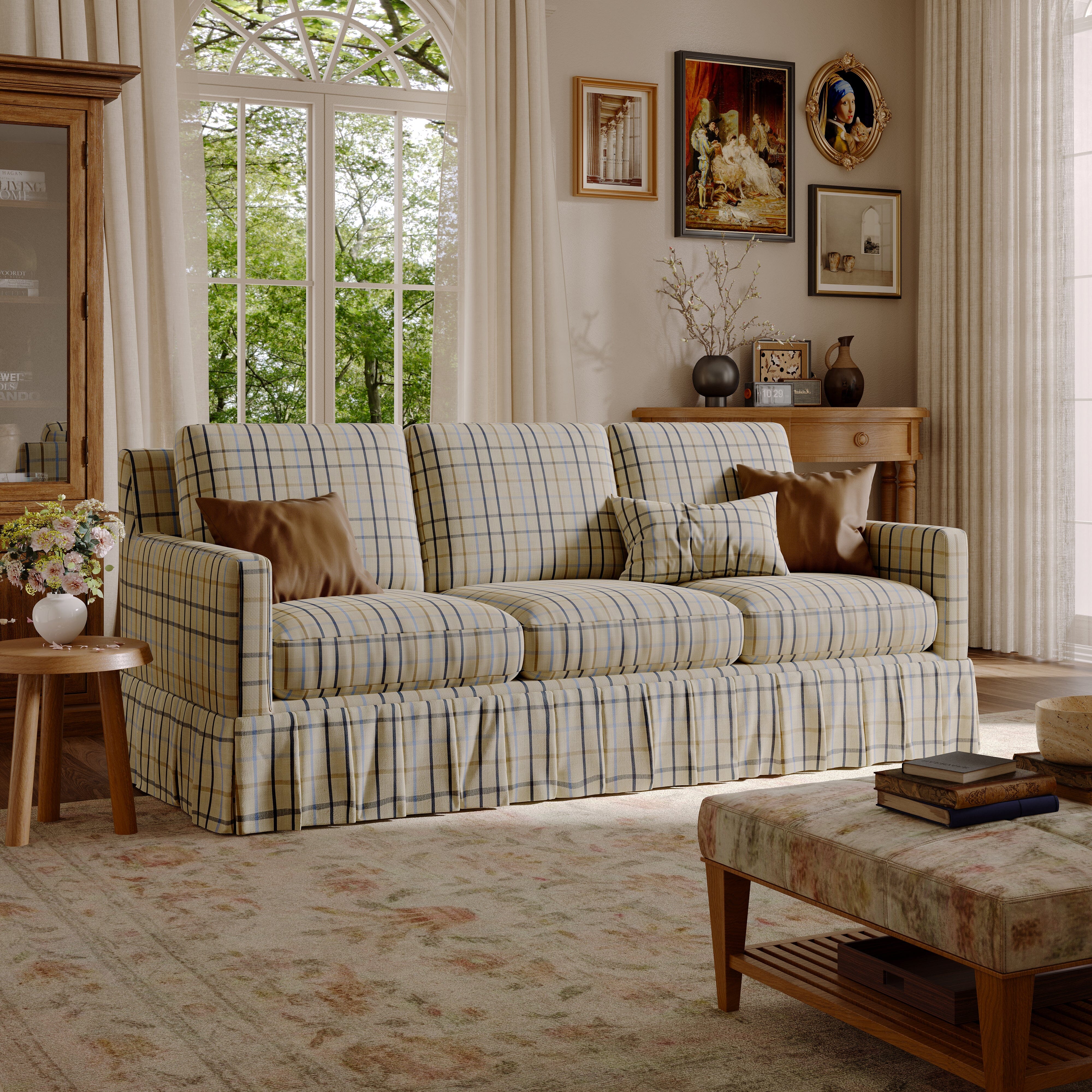 Cottonfy Elegant 3 Seater Striped Sofa with Removable Covers and Skirted Base Living and Home 