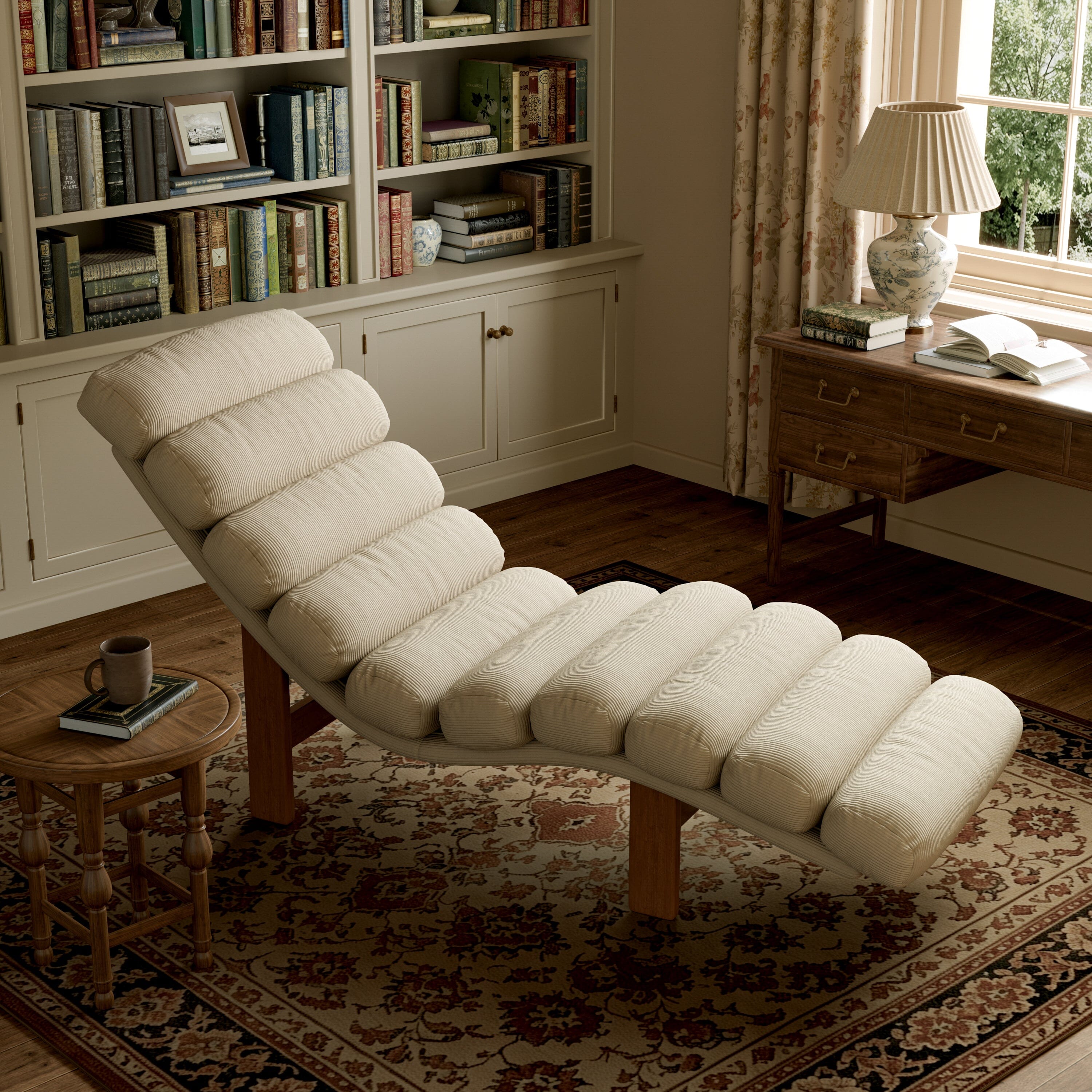 Cottonfy Modern Ergonomic Corduroy Chaise Lounge with Natural Wooden Frame Cottonfy UK 