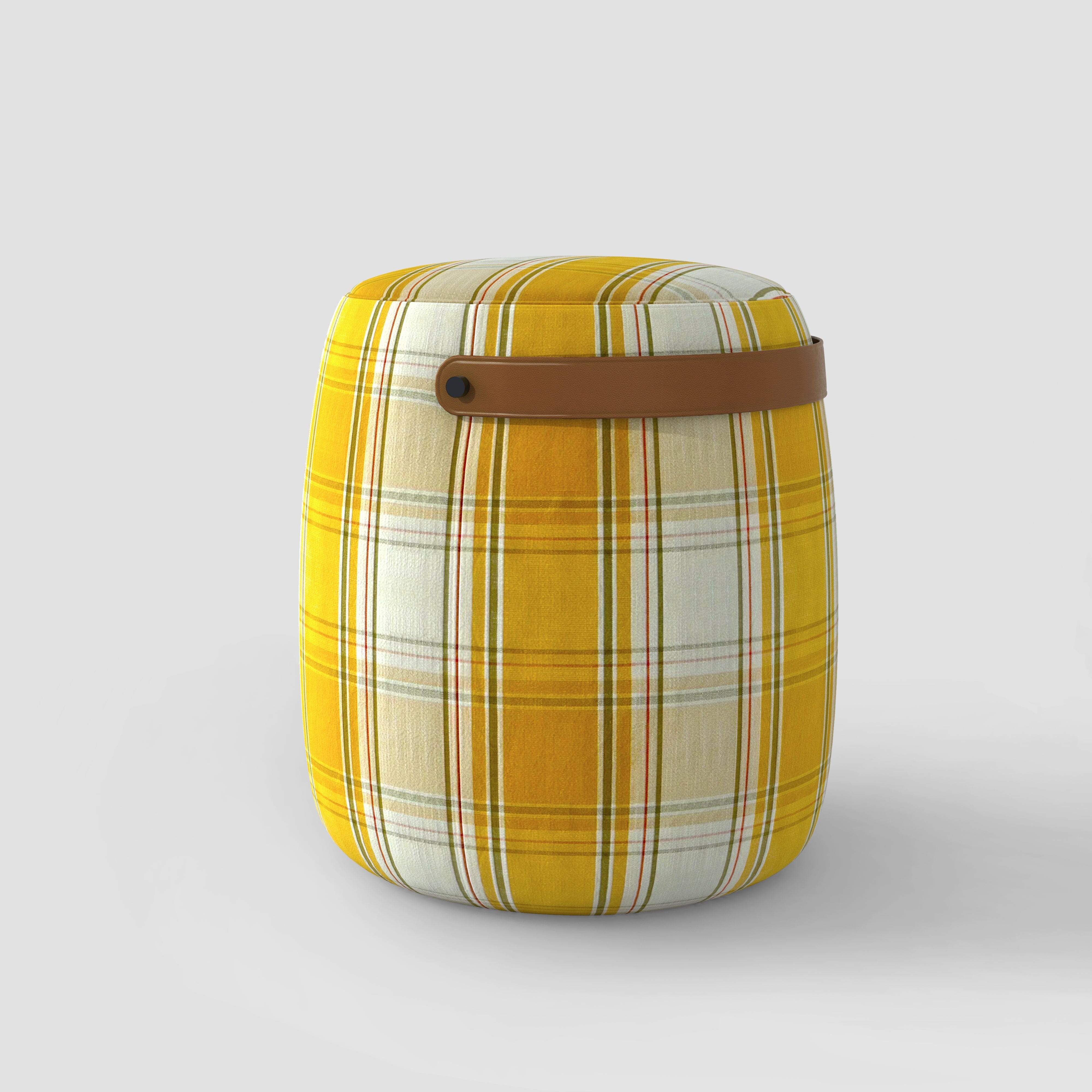 Haven British Check Round Pouffe Footstool with Leather Handle Cottonfy UK Saffron Gold In Stock 