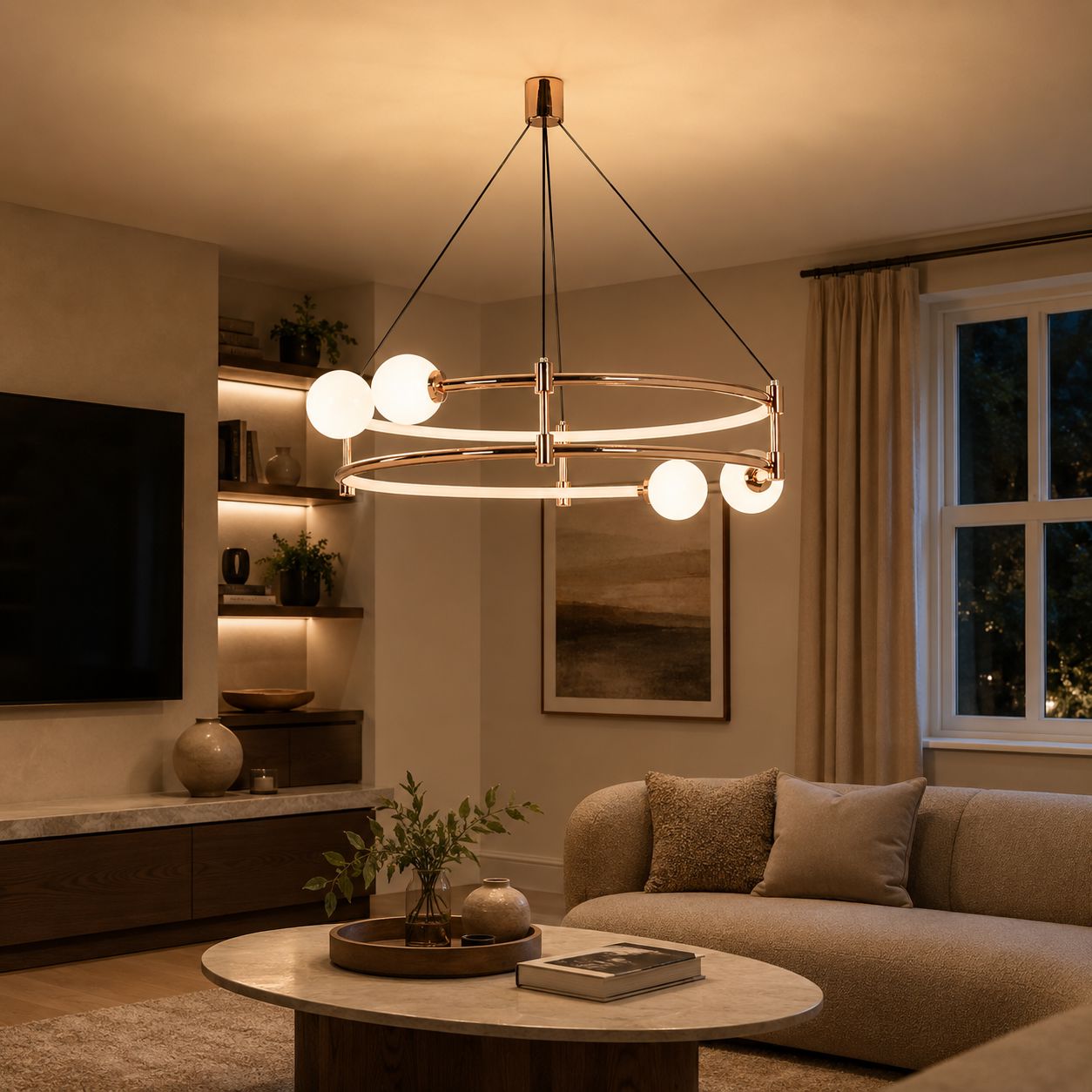 double-ring halo chandelier over a round coffee table